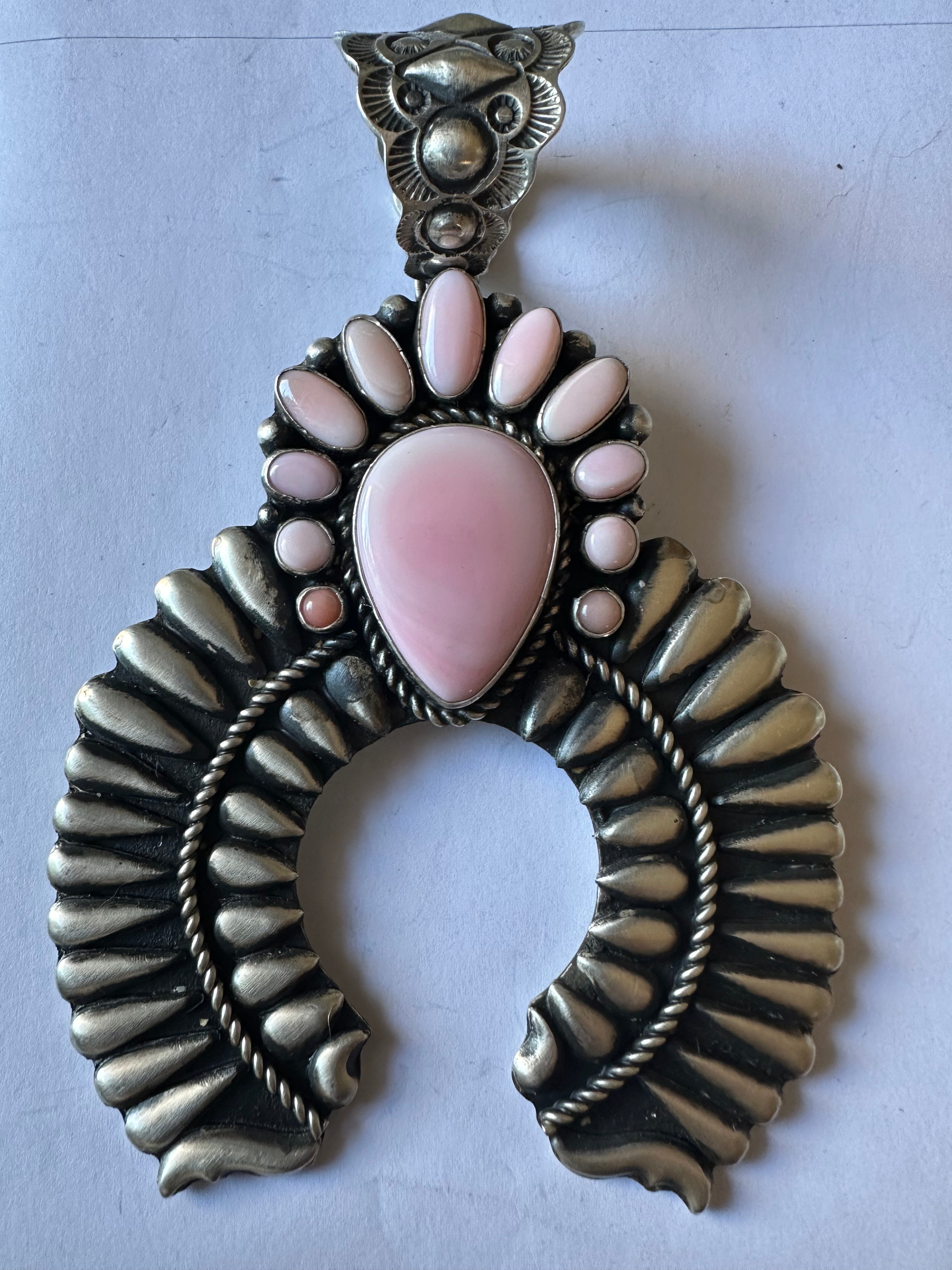 Navajo Queen Pink Conch & Sterling Silver Naja Pendant Signed Shawn C