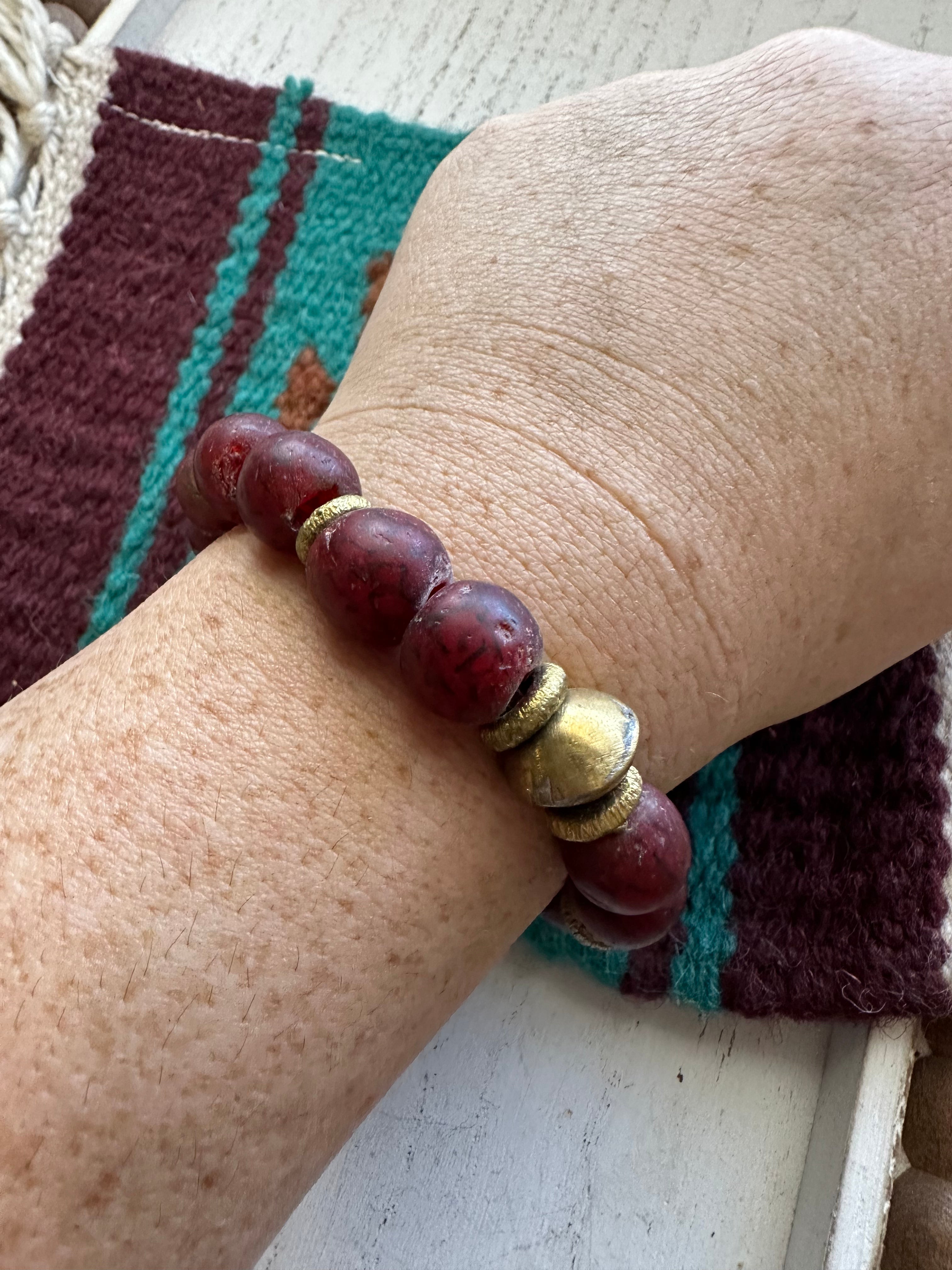 Handmade Recycled Glass Beaded Stretch Bracelet CRANBERRY