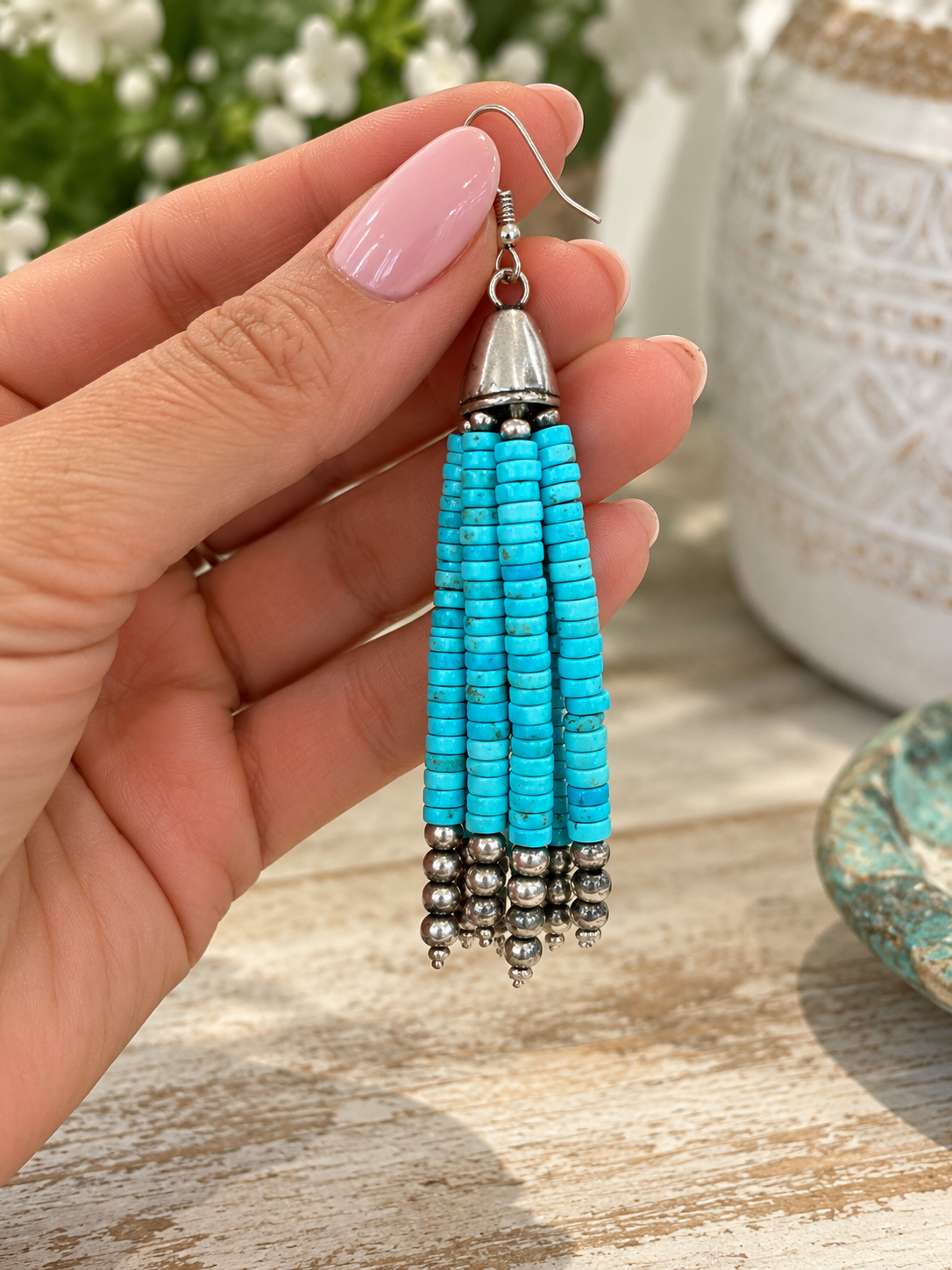 Handcrafted Lighter Turquoise & Sterling Silver Pearl Beaded Tassel Dangle Earrings