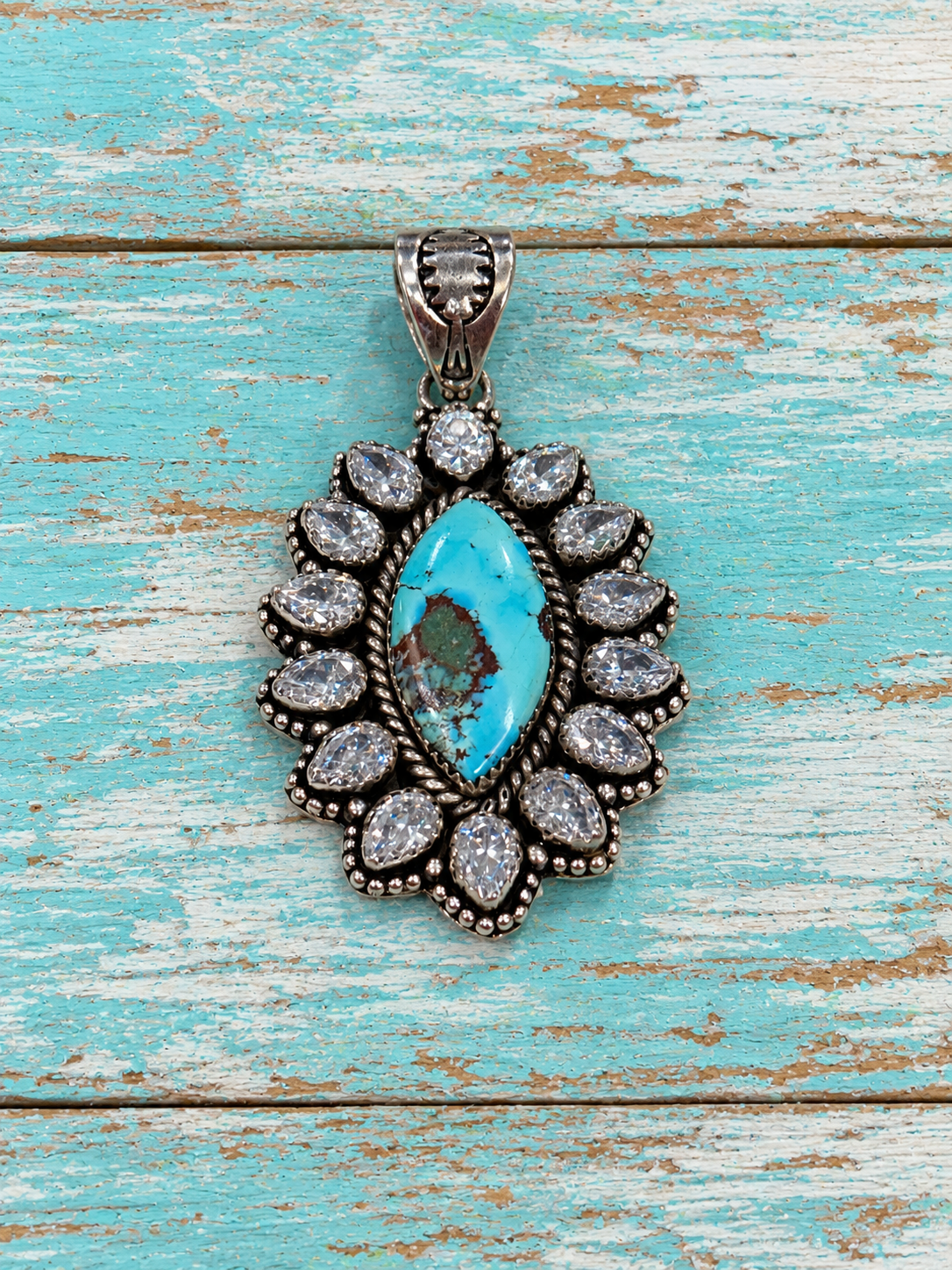 Handmade Golden Hills Turquoise Sterling Silver & CZ Cluster Pendant Signed Nizhoni