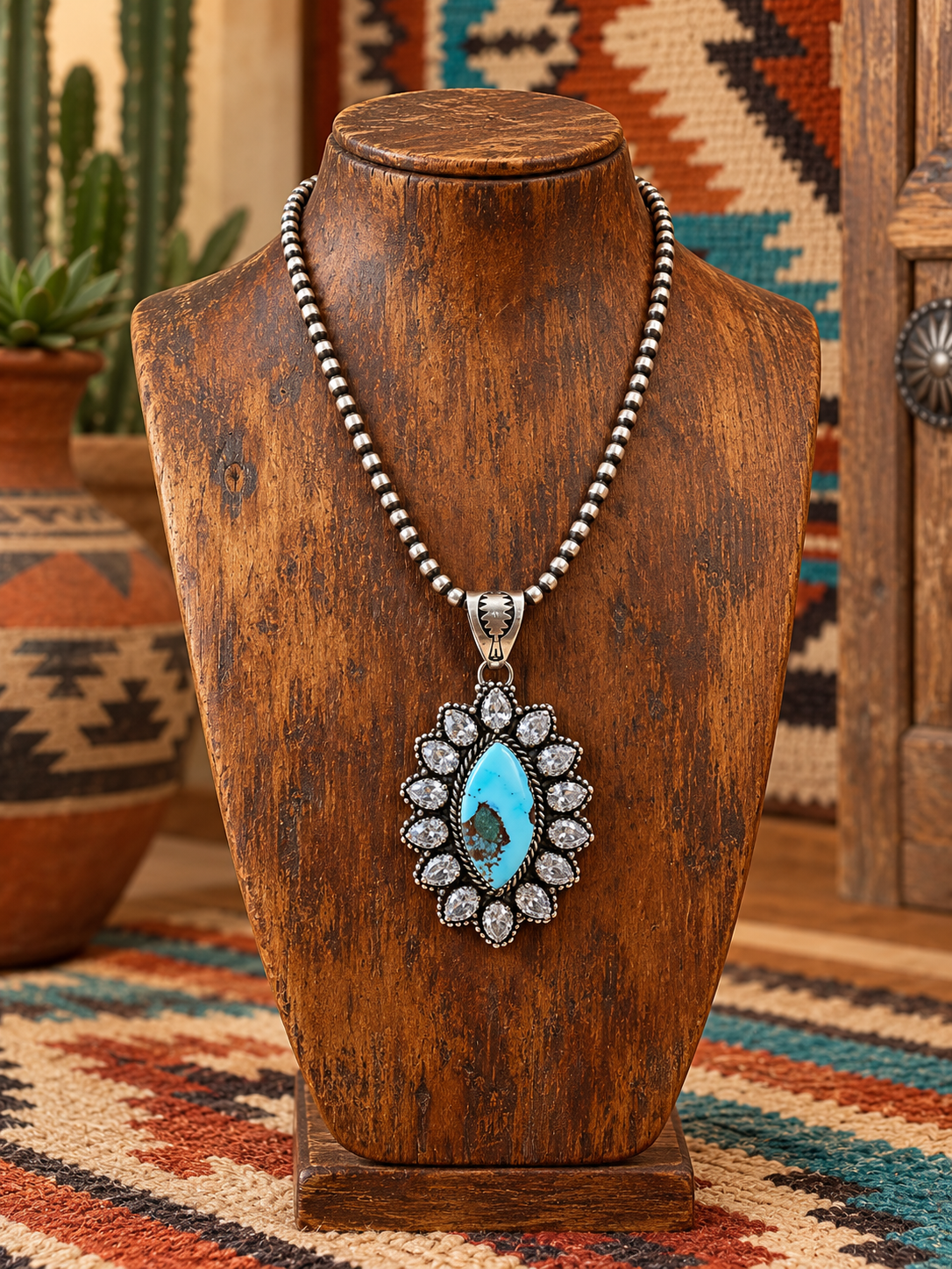 Handmade Golden Hills Turquoise Sterling Silver & CZ Cluster Pendant Signed Nizhoni