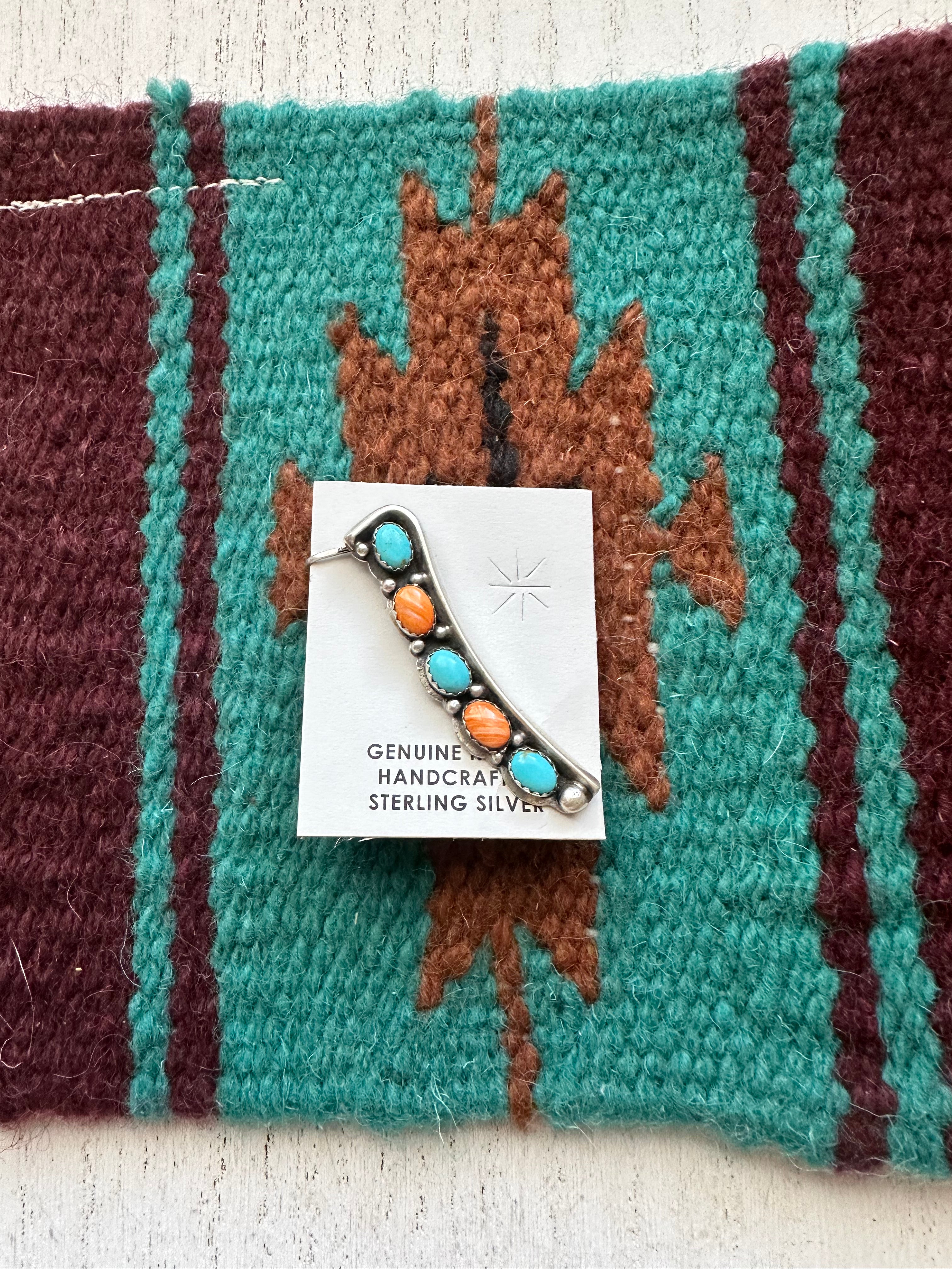 Navajo Sterling Silver, Orange Spiny, Turquoise Ear Cuff Signed