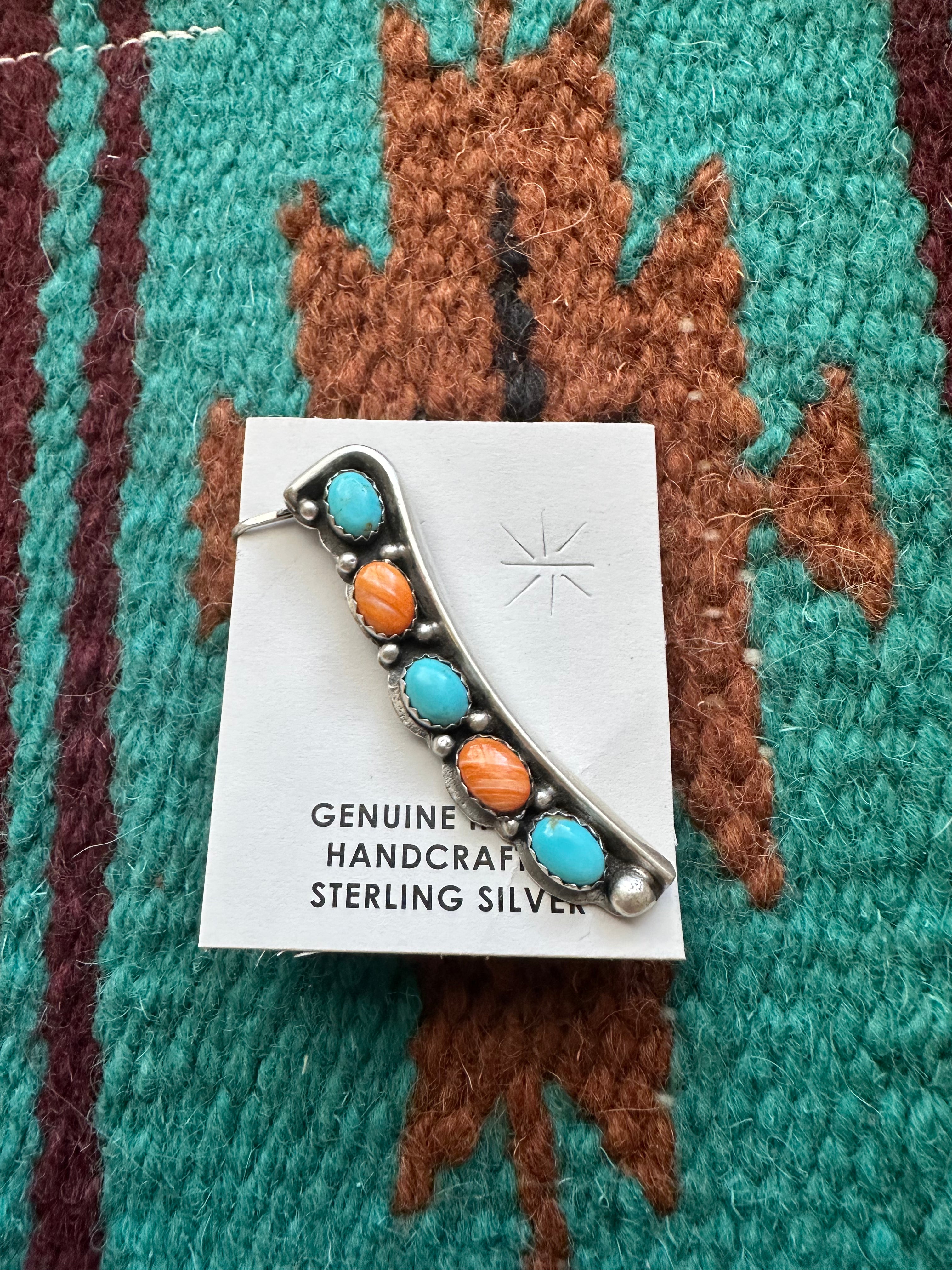 Navajo Sterling Silver, Orange Spiny, Turquoise Ear Cuff Signed