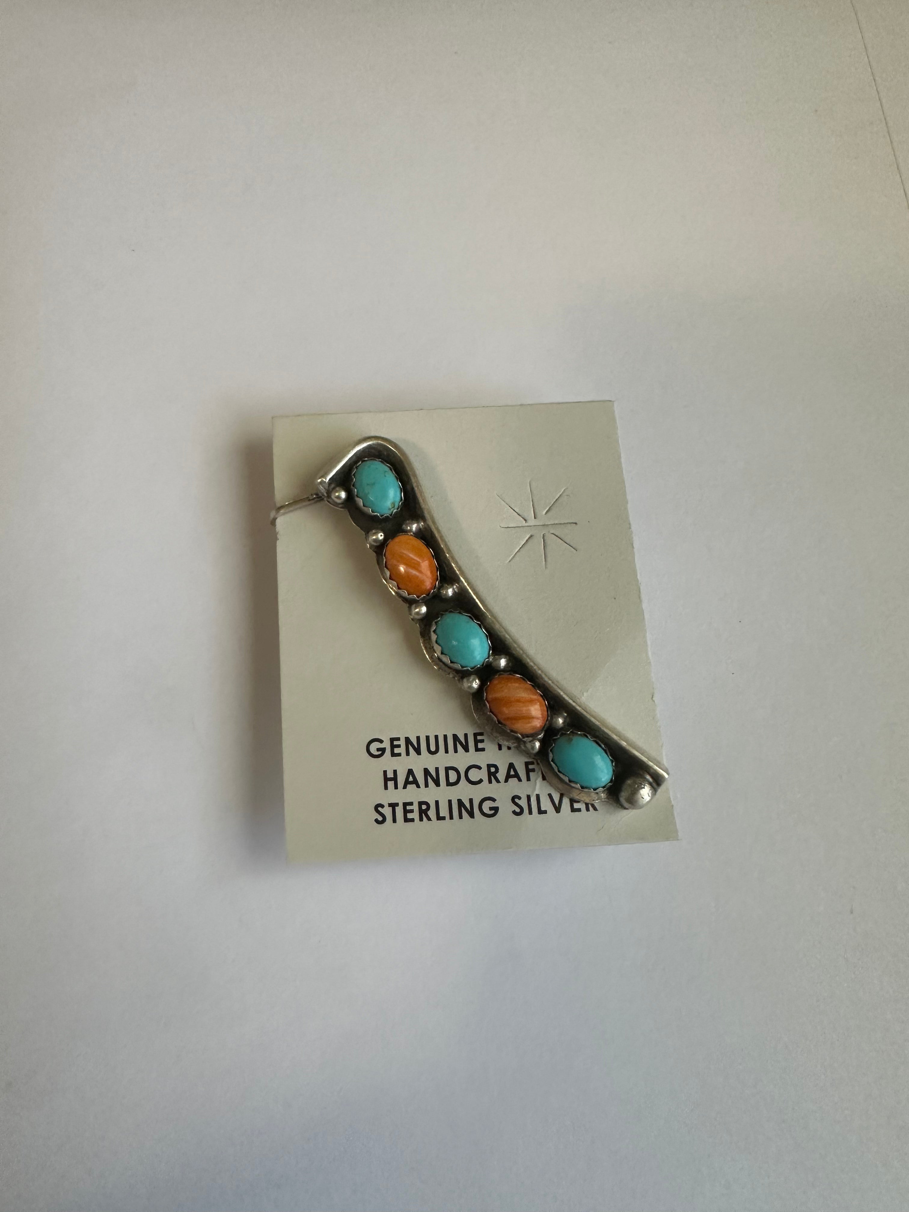 Navajo Sterling Silver, Orange Spiny, Turquoise Ear Cuff Signed