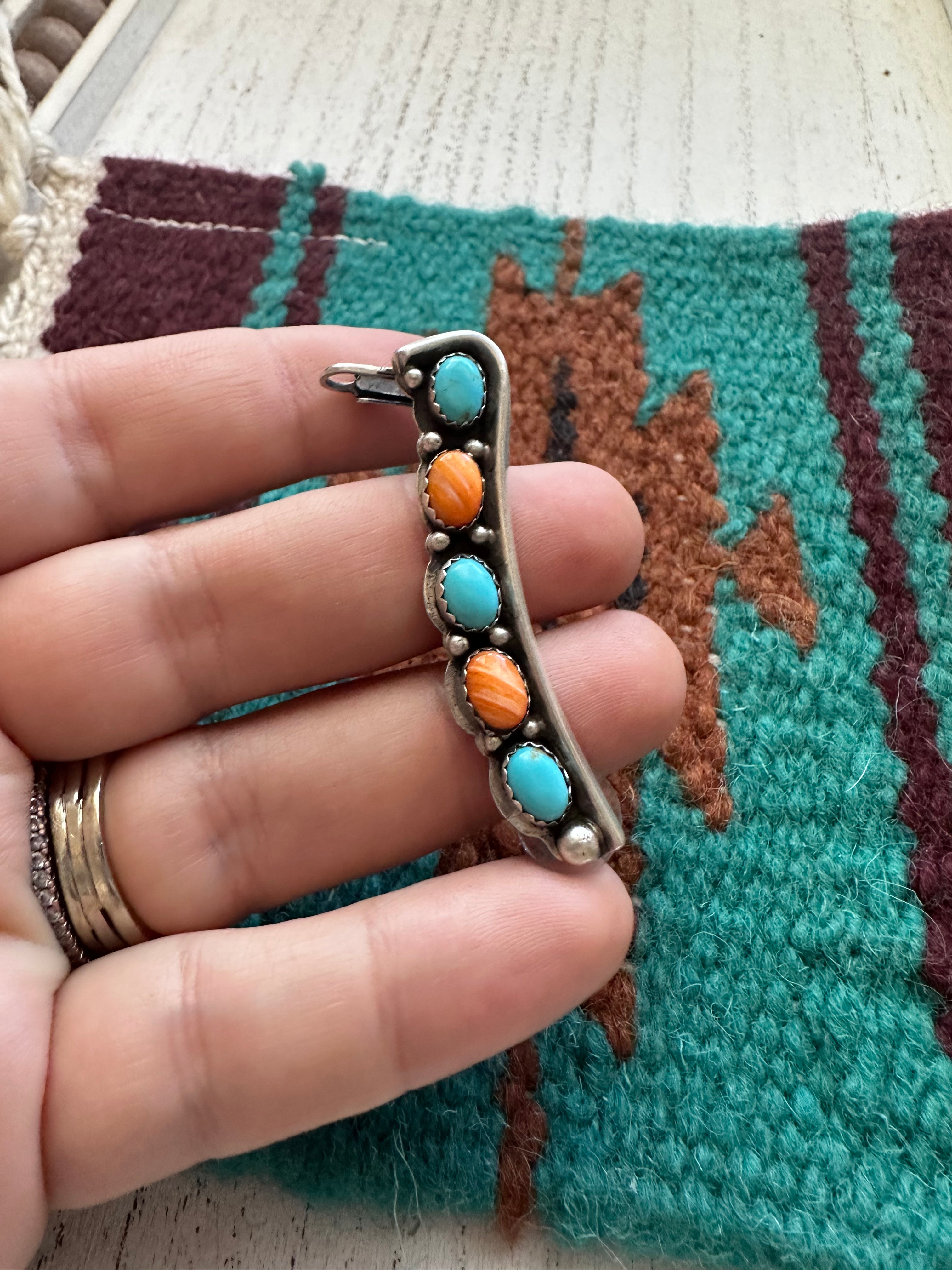 Navajo Sterling Silver, Orange Spiny, Turquoise Ear Cuff Signed