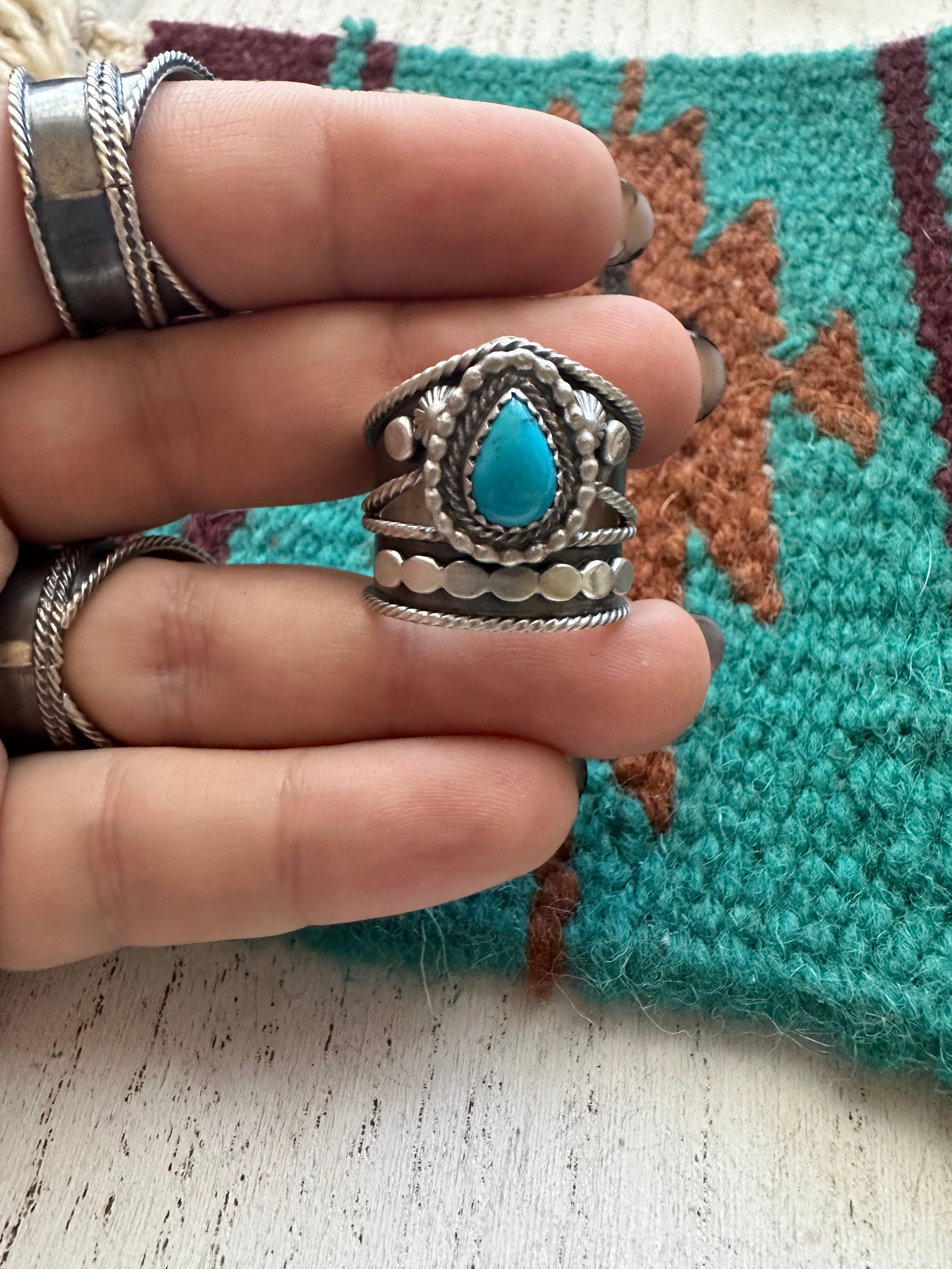 “Turquoise Crown” Navajo Sterling Silver & Turquoise Single Stone Ring Signed