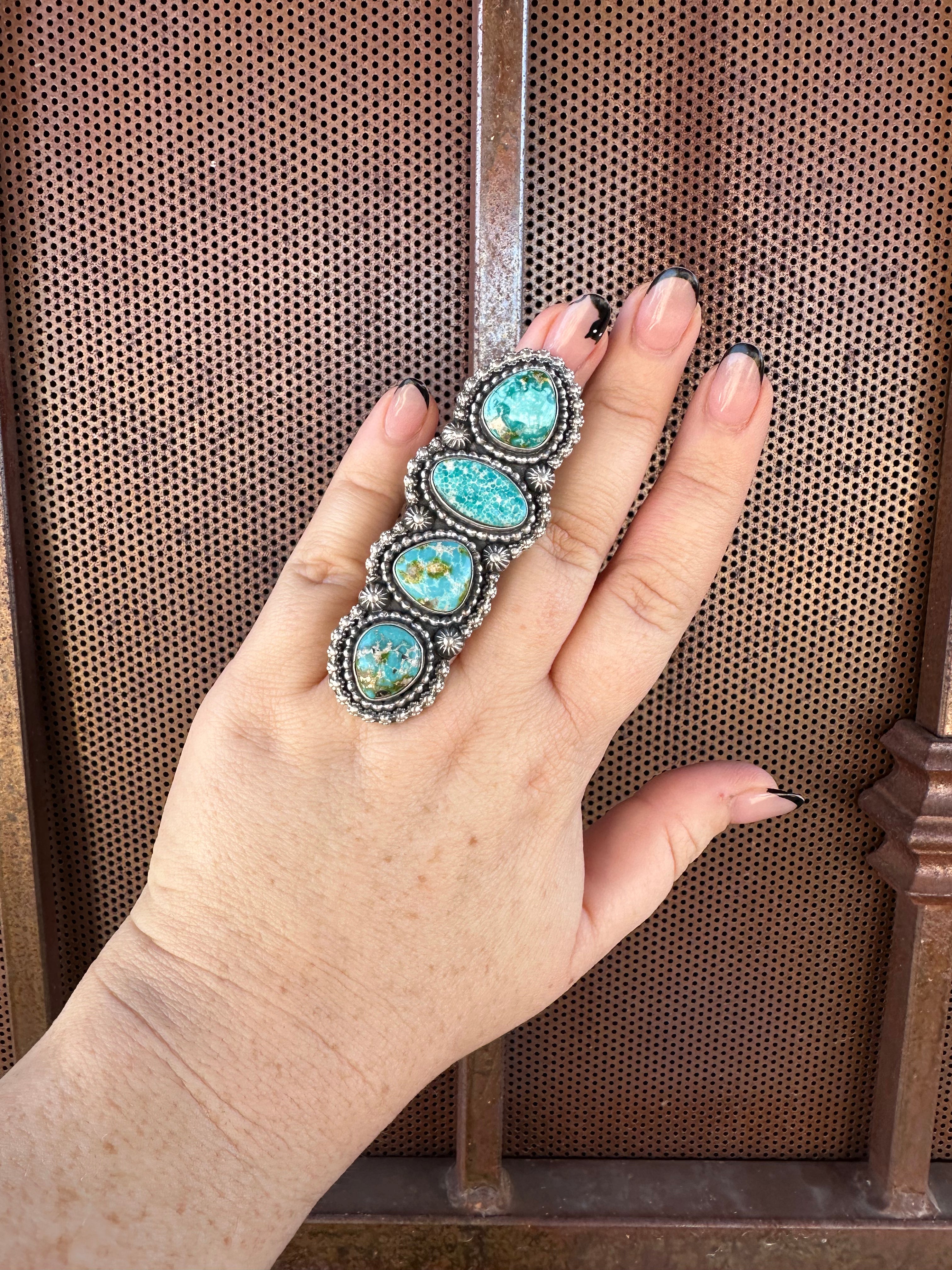 Navajo Sonoran Mountain Turquoise & Sterling Silver 4 Stone Ring Size 7.5 Signed