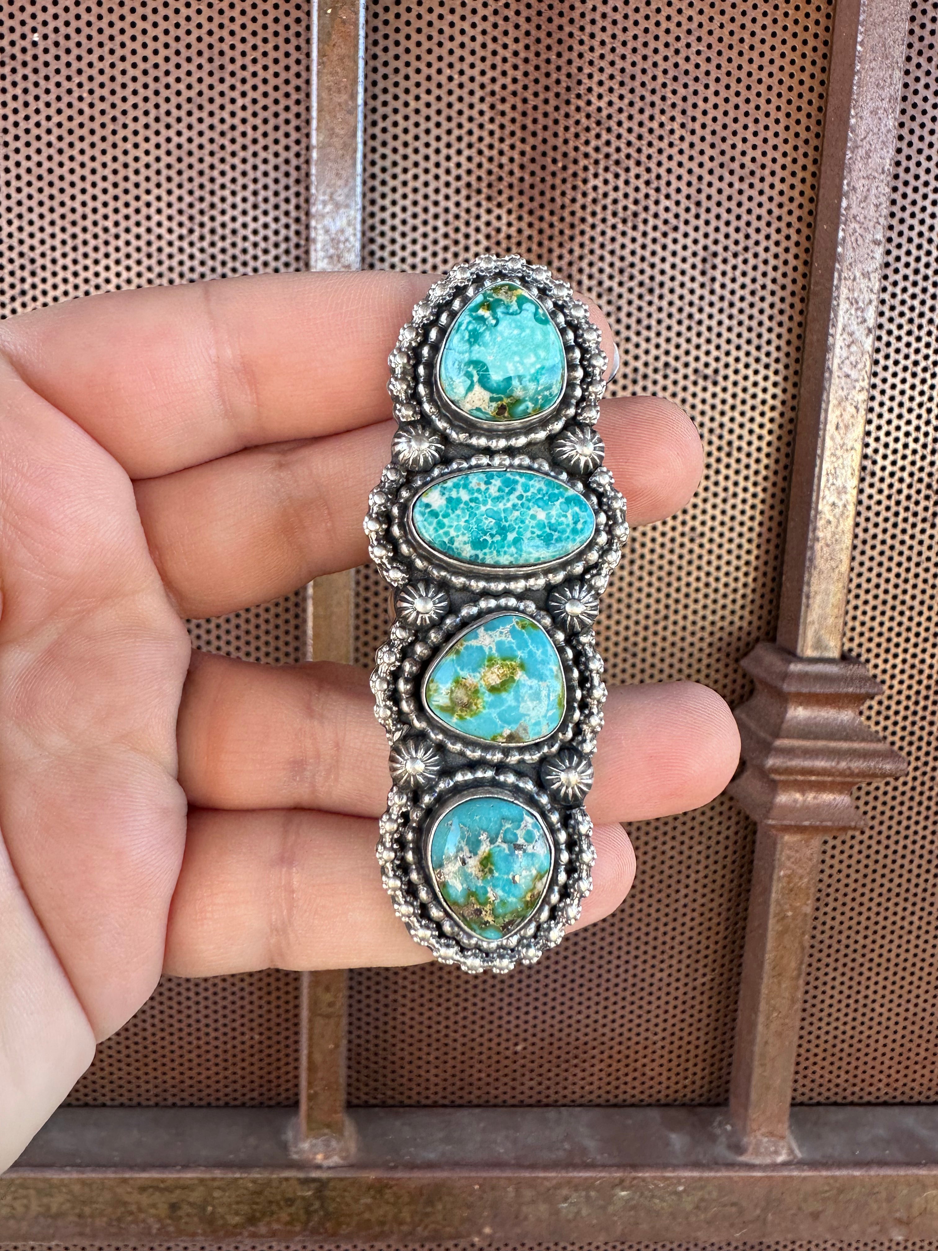 Navajo Sonoran Mountain Turquoise & Sterling Silver 4 Stone Ring Size 7.5 Signed