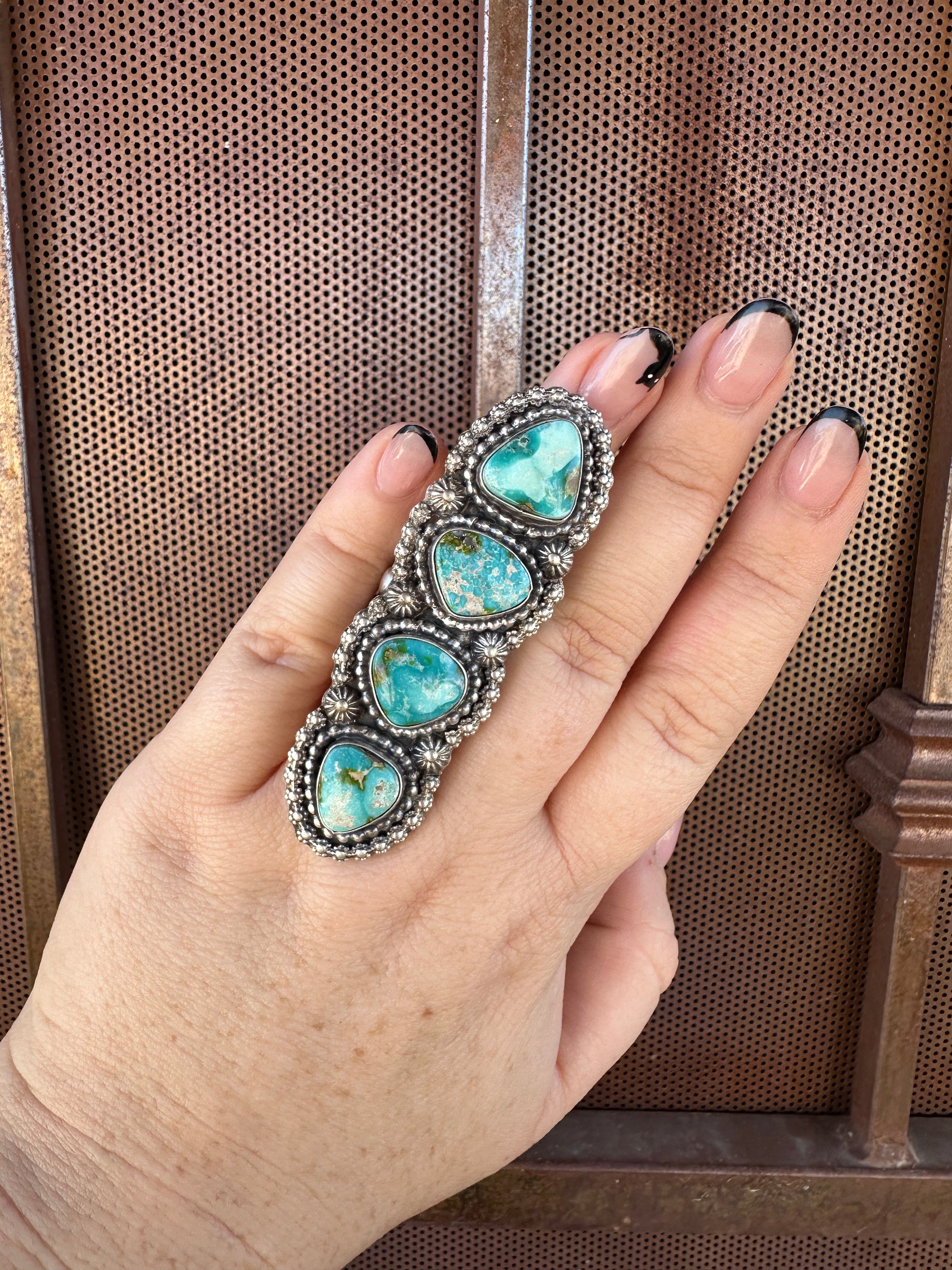 Navajo Sonoran Mountain Turquoise & Sterling Silver 4 Stone Ring Size 7.5 Signed