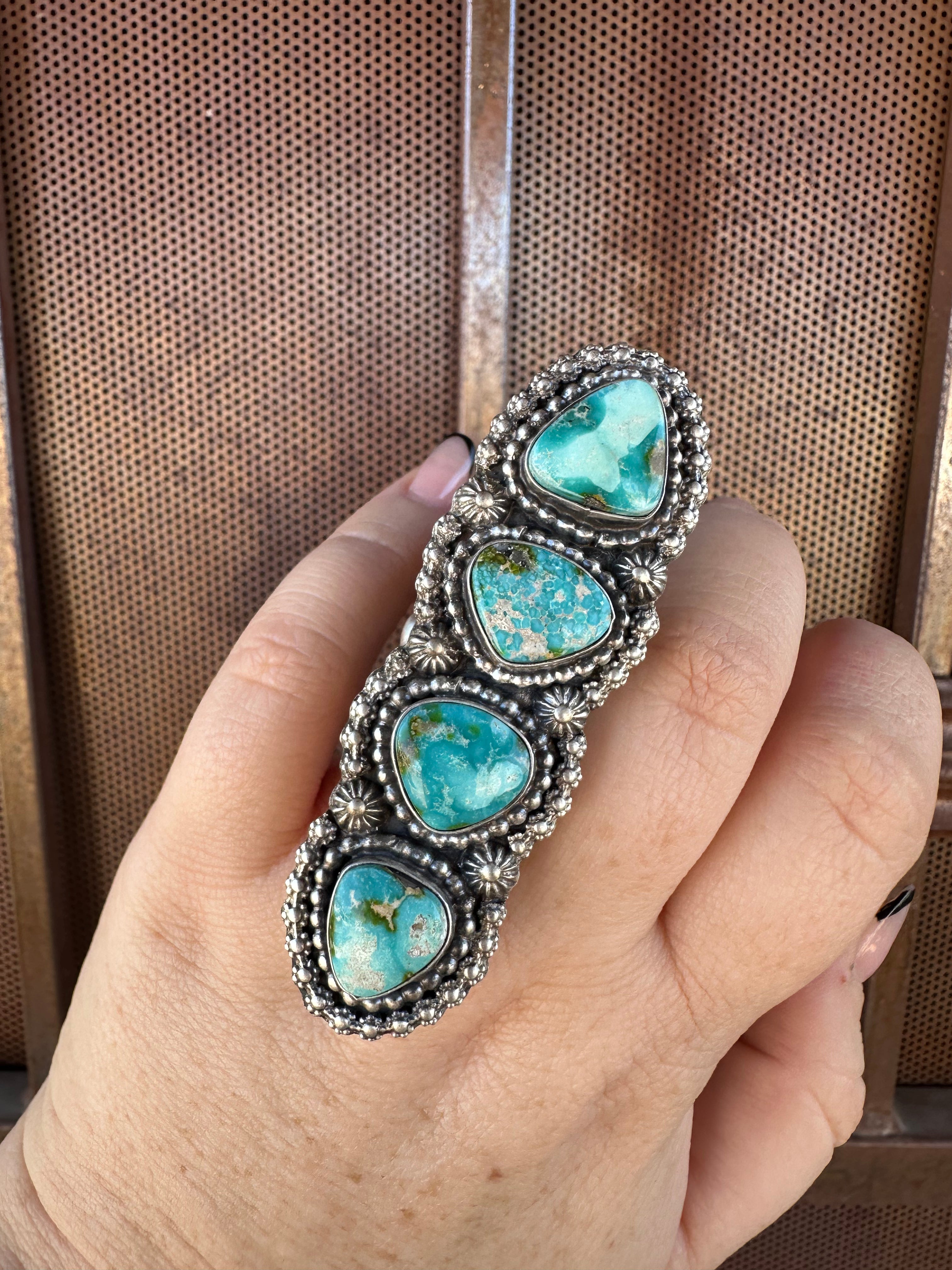 Navajo Sonoran Mountain Turquoise & Sterling Silver 4 Stone Ring Size 7.5 Signed