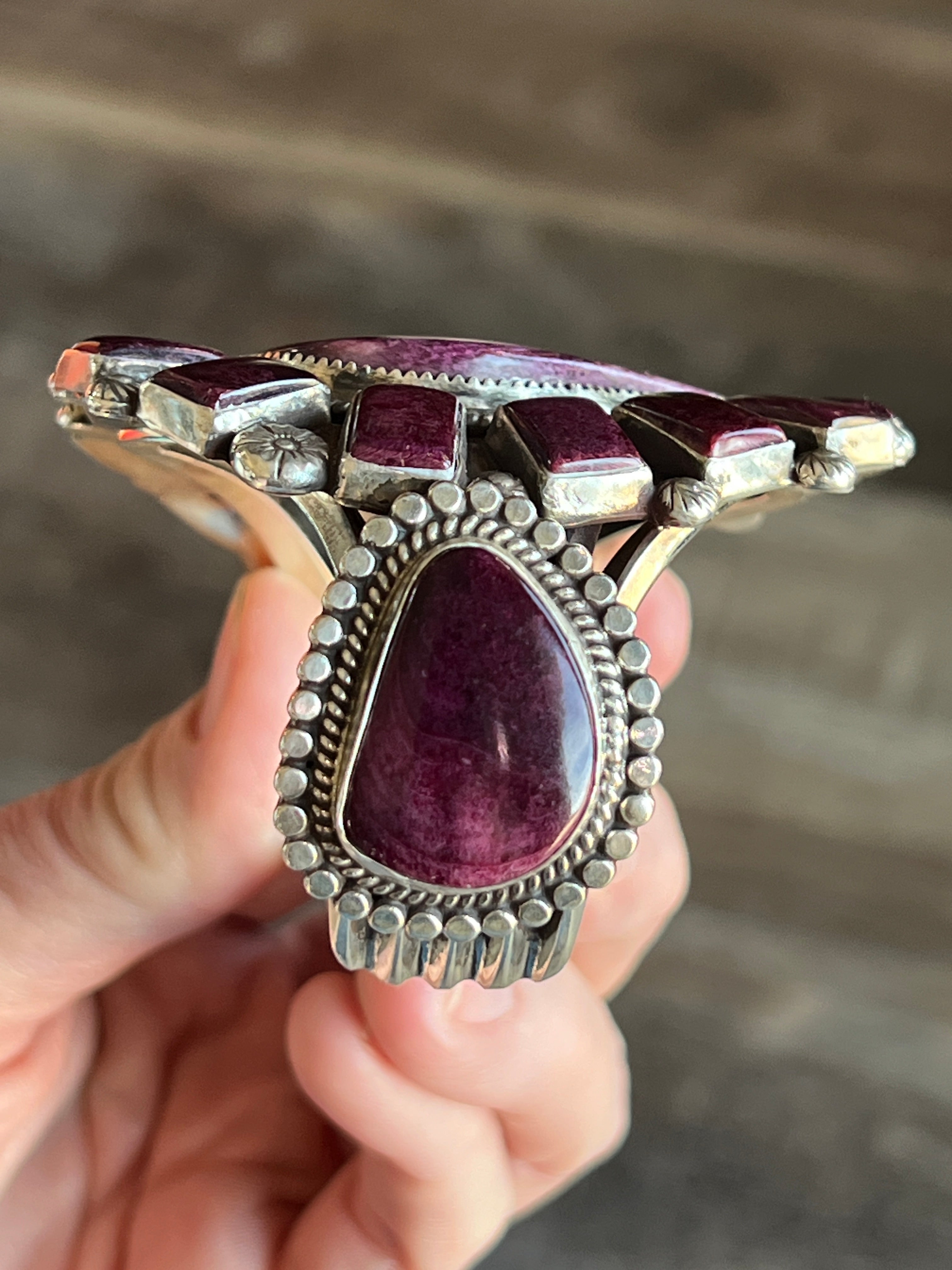 Handcrafted Sterling Silver and Purple Spiny Oyster Shell Cuff Bracelet by Tyler Brown /