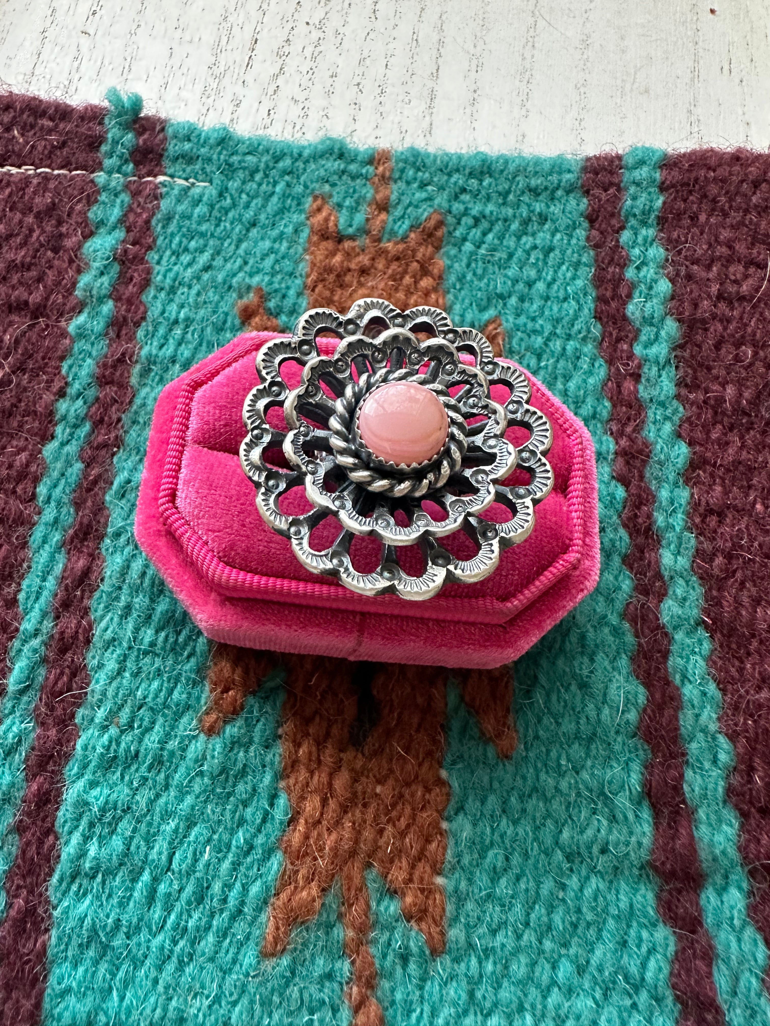 Navajo Pink Conch And Sterling Silver Adjustable Flower Ring Signed K Billah