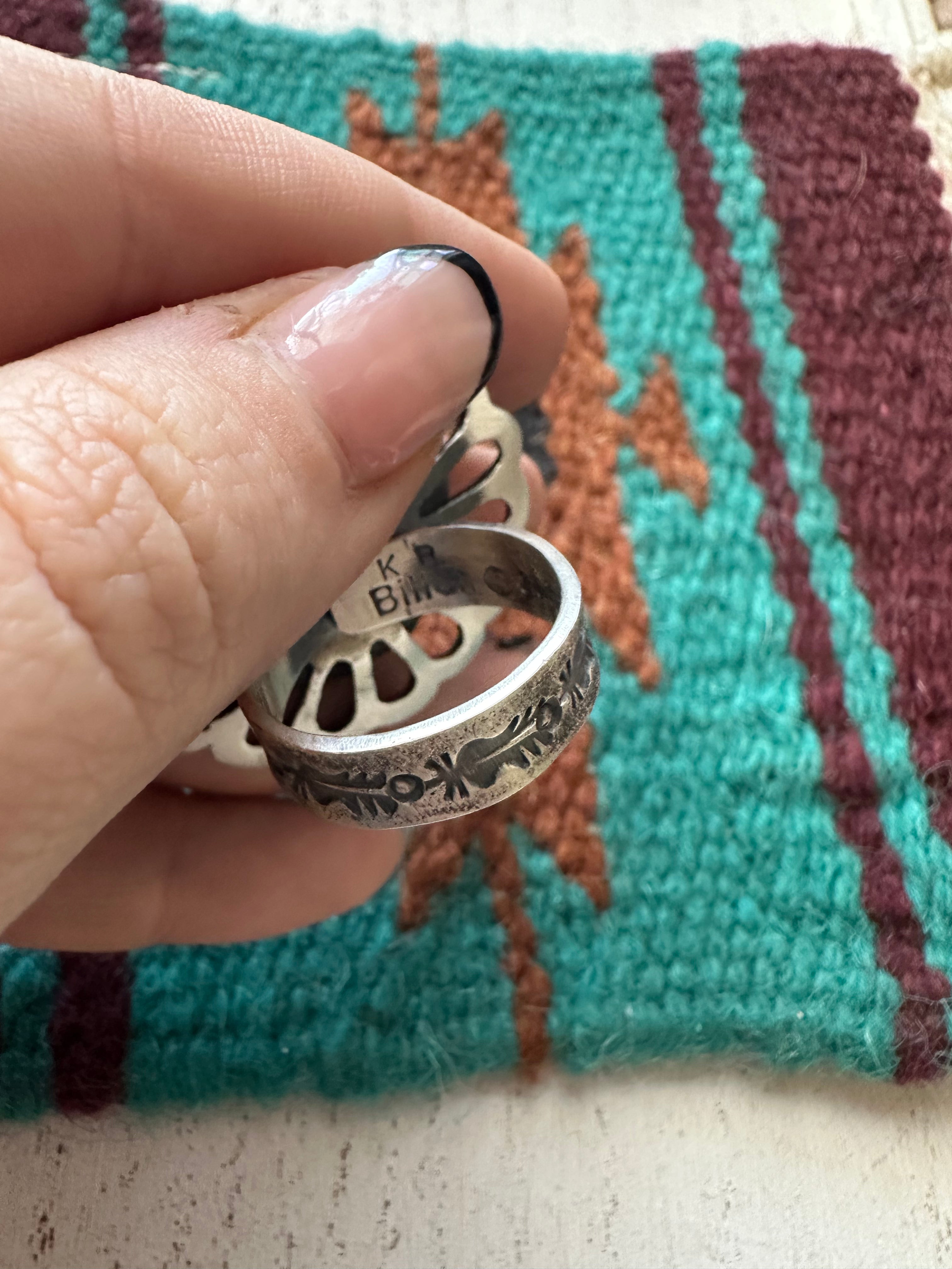 Navajo Pink Conch And Sterling Silver Adjustable Flower Ring Signed K Billah