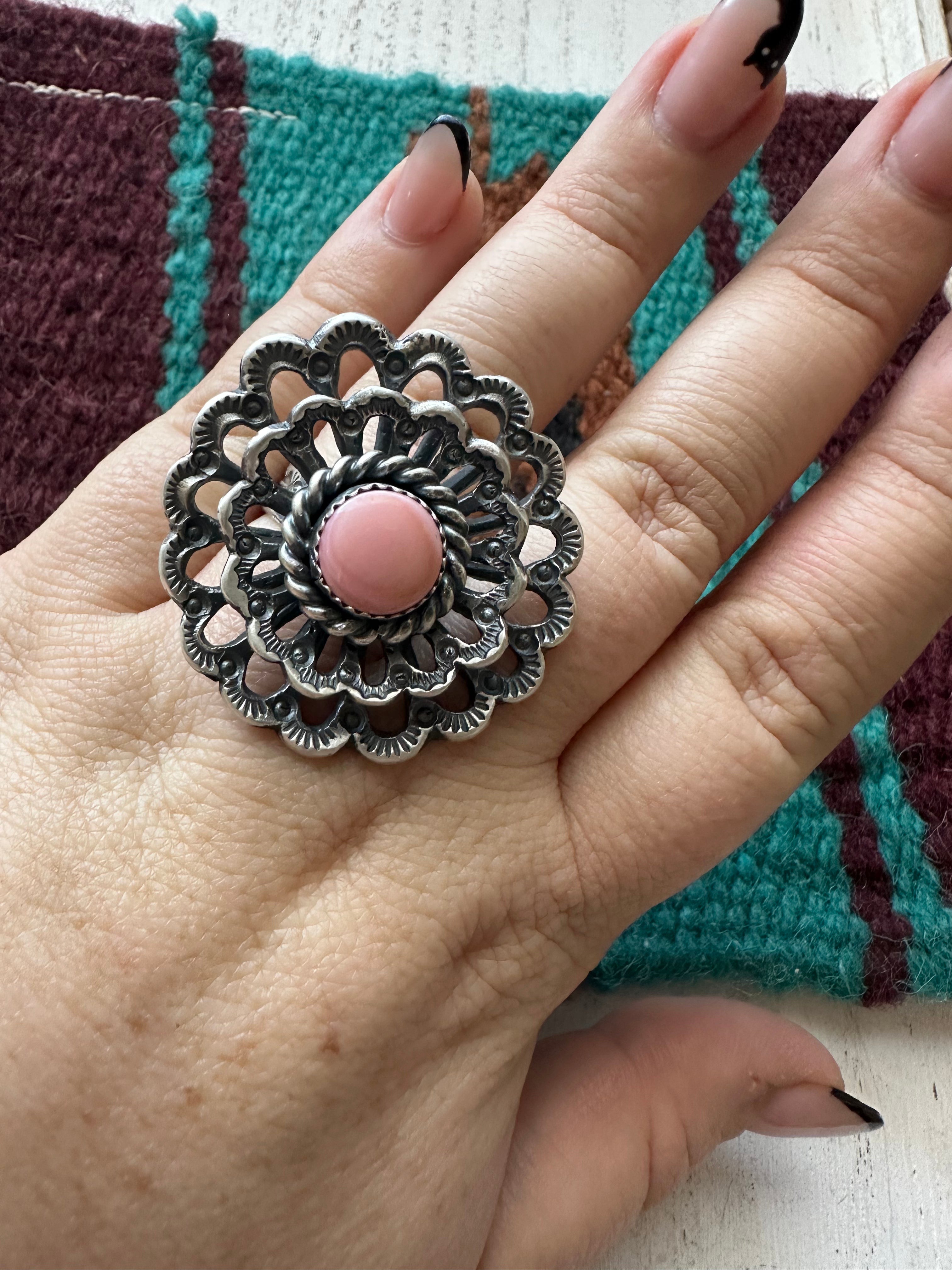 Navajo Pink Conch And Sterling Silver Adjustable Flower Ring Signed K Billah