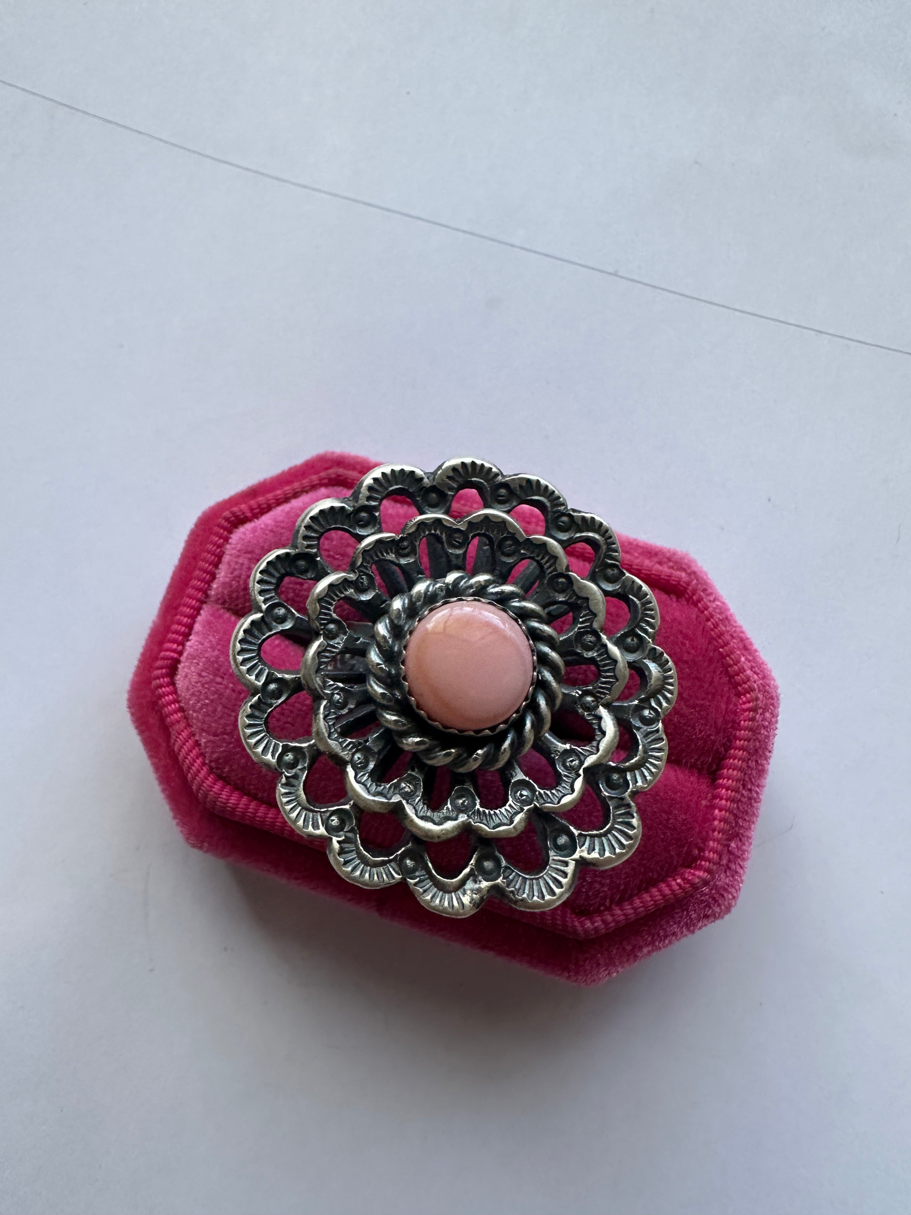 Navajo Pink Conch And Sterling Silver Adjustable Flower Ring Signed K Billah