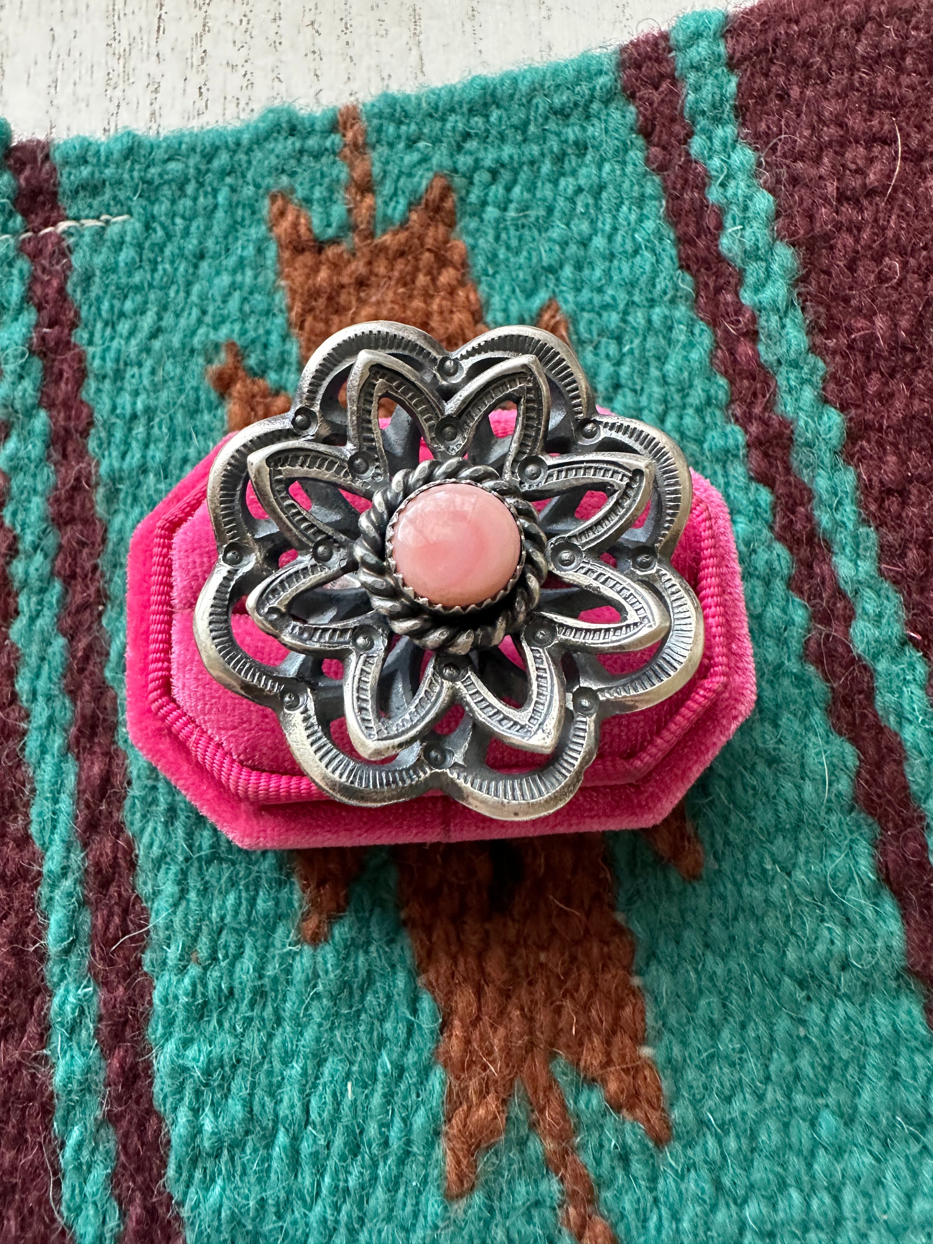 Navajo Pink Conch And Sterling Silver Adjustable Flower Ring Signed K Billah