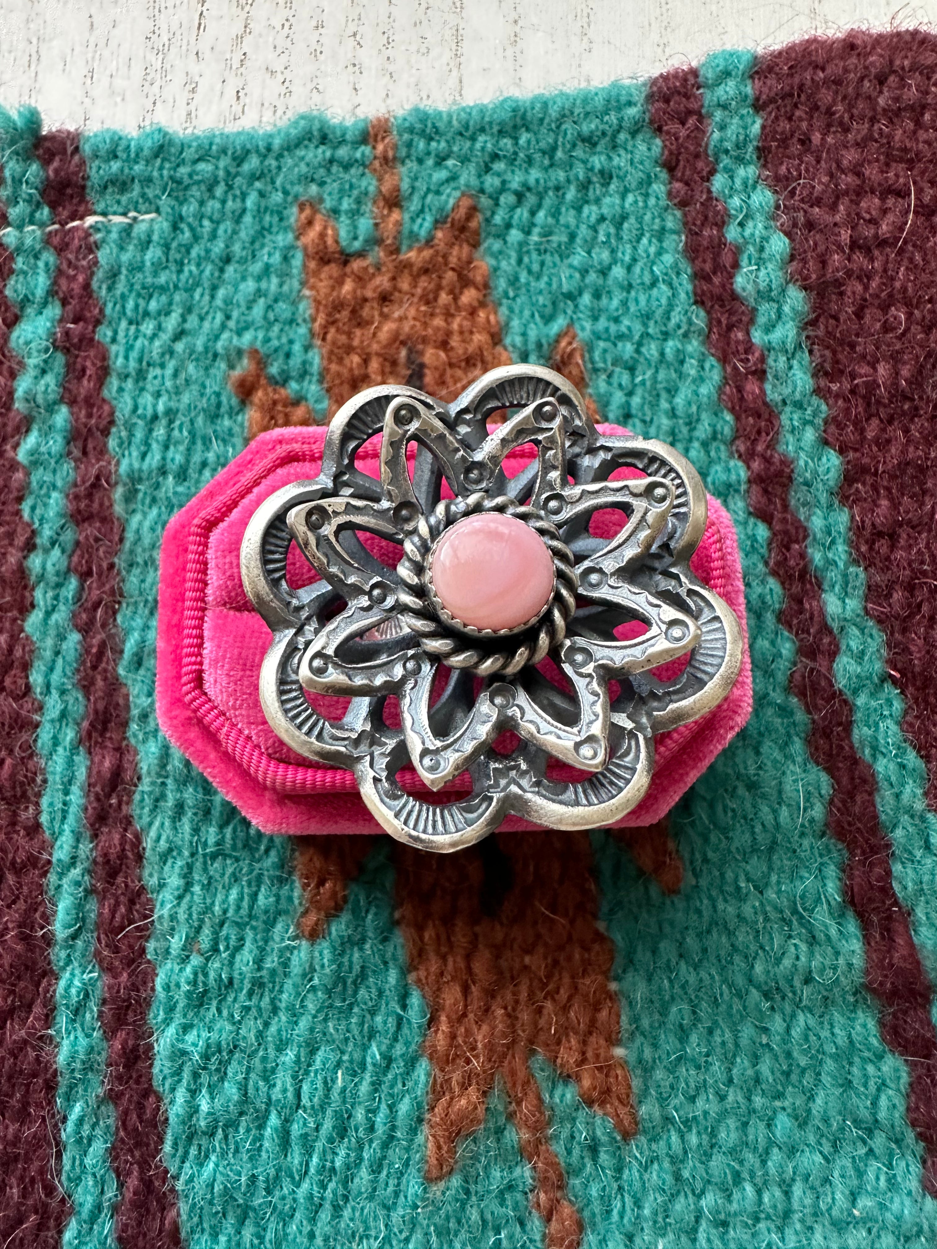 Navajo Pink Conch And Sterling Silver Adjustable Flower Ring Signed K Billah