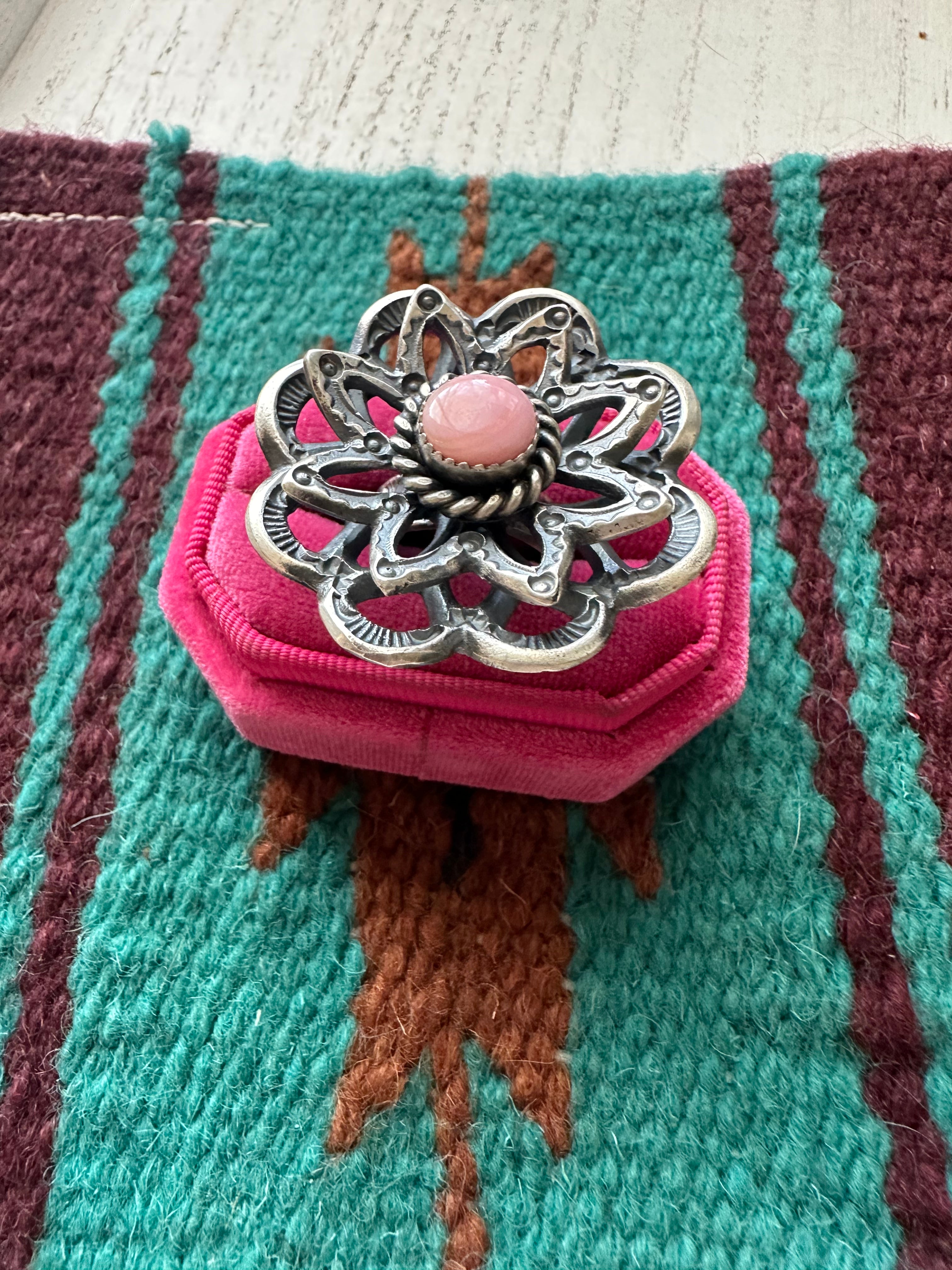 Navajo Pink Conch And Sterling Silver Adjustable Flower Ring Signed K Billah