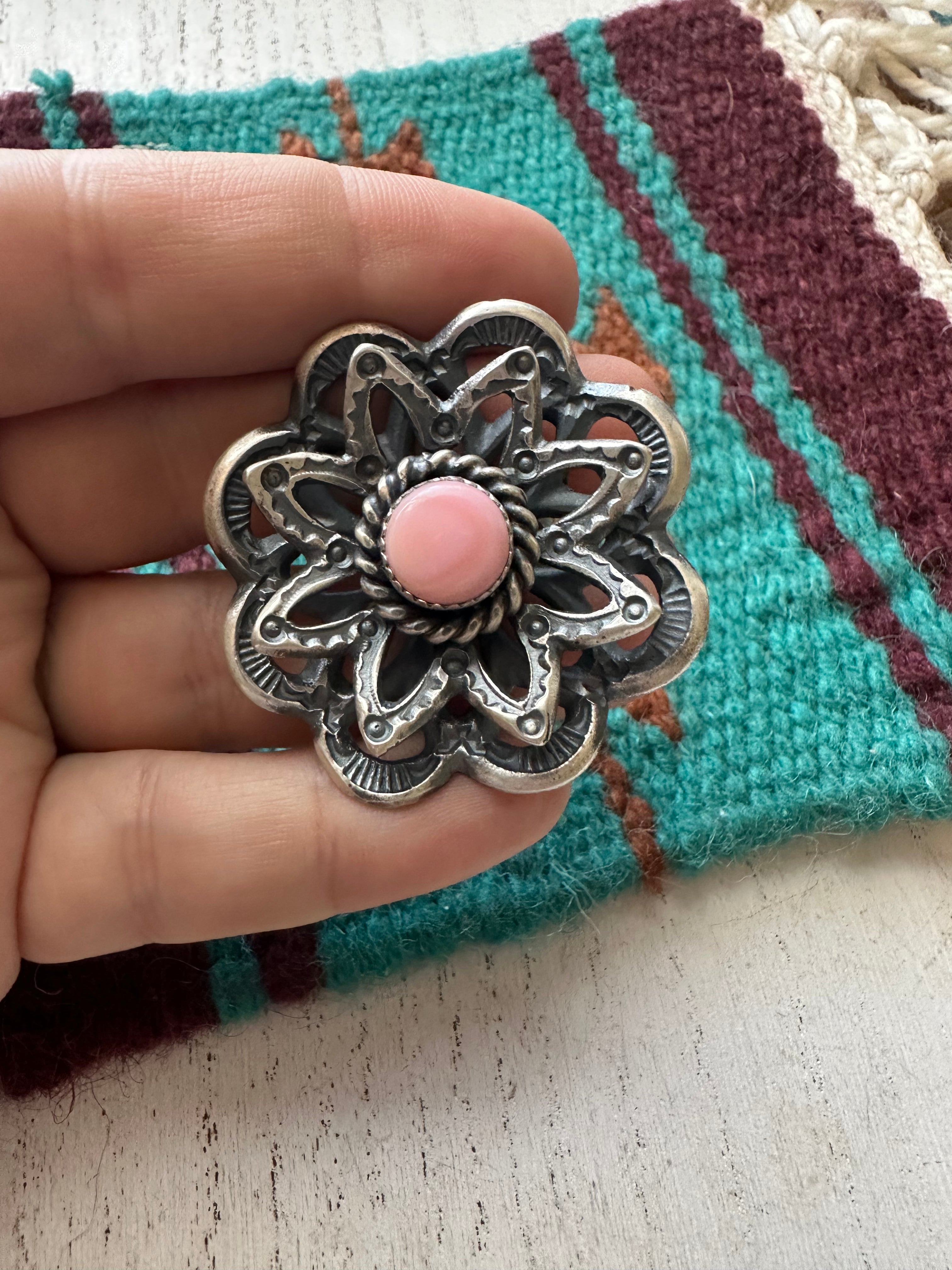 Navajo Pink Conch And Sterling Silver Adjustable Flower Ring Signed K Billah