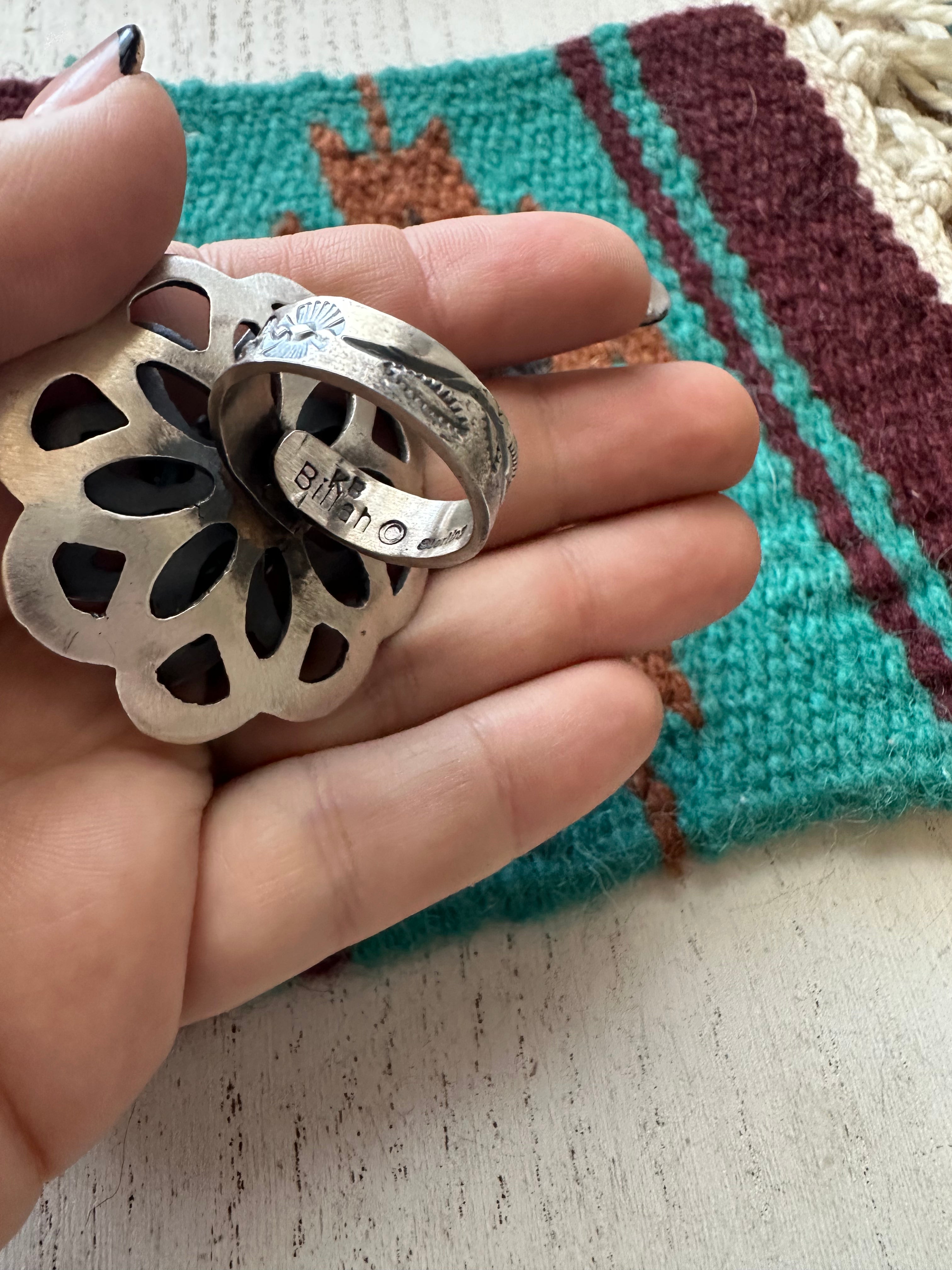 Navajo Pink Conch And Sterling Silver Adjustable Flower Ring Signed K Billah