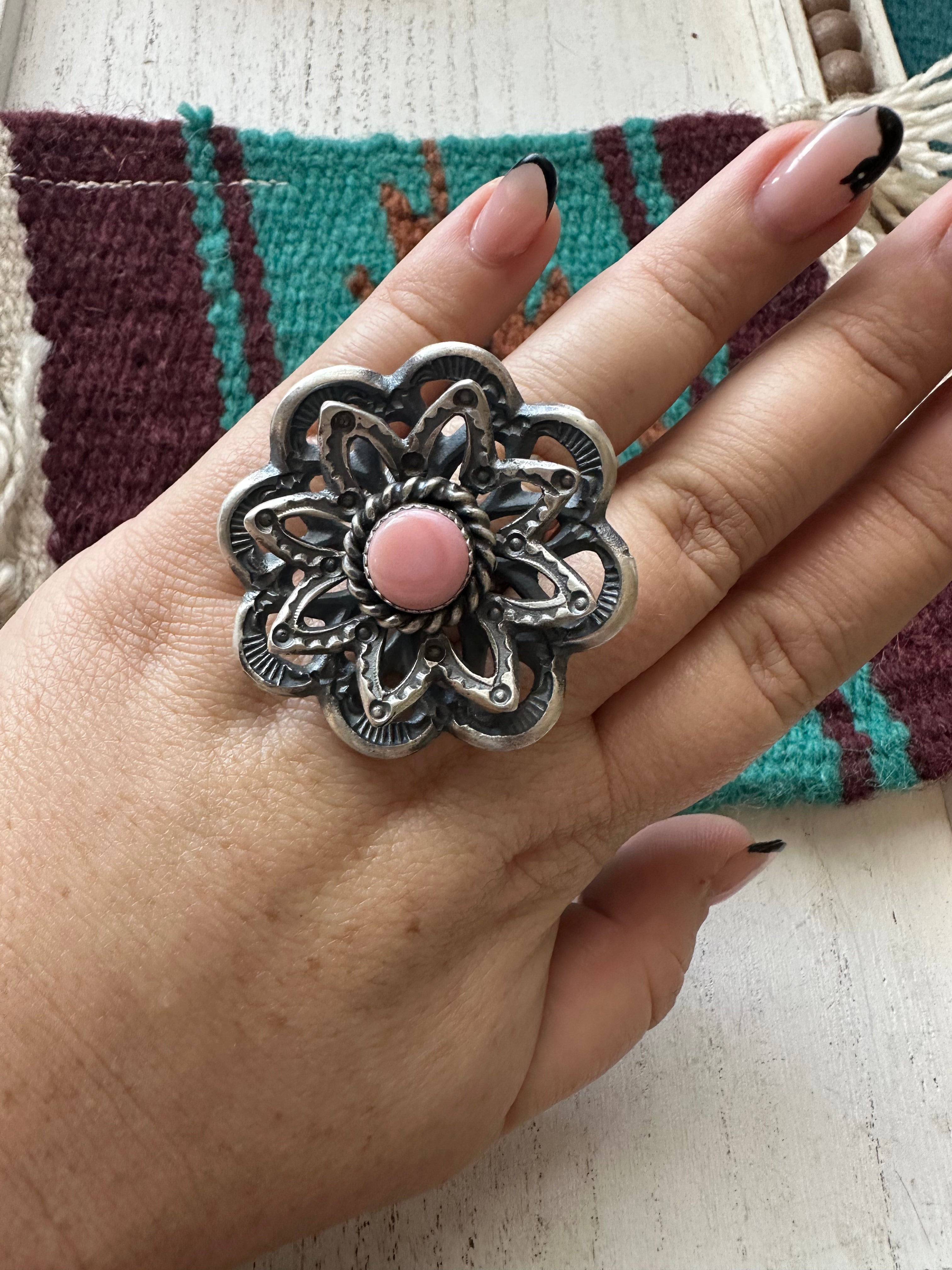 Navajo Pink Conch And Sterling Silver Adjustable Flower Ring Signed K Billah