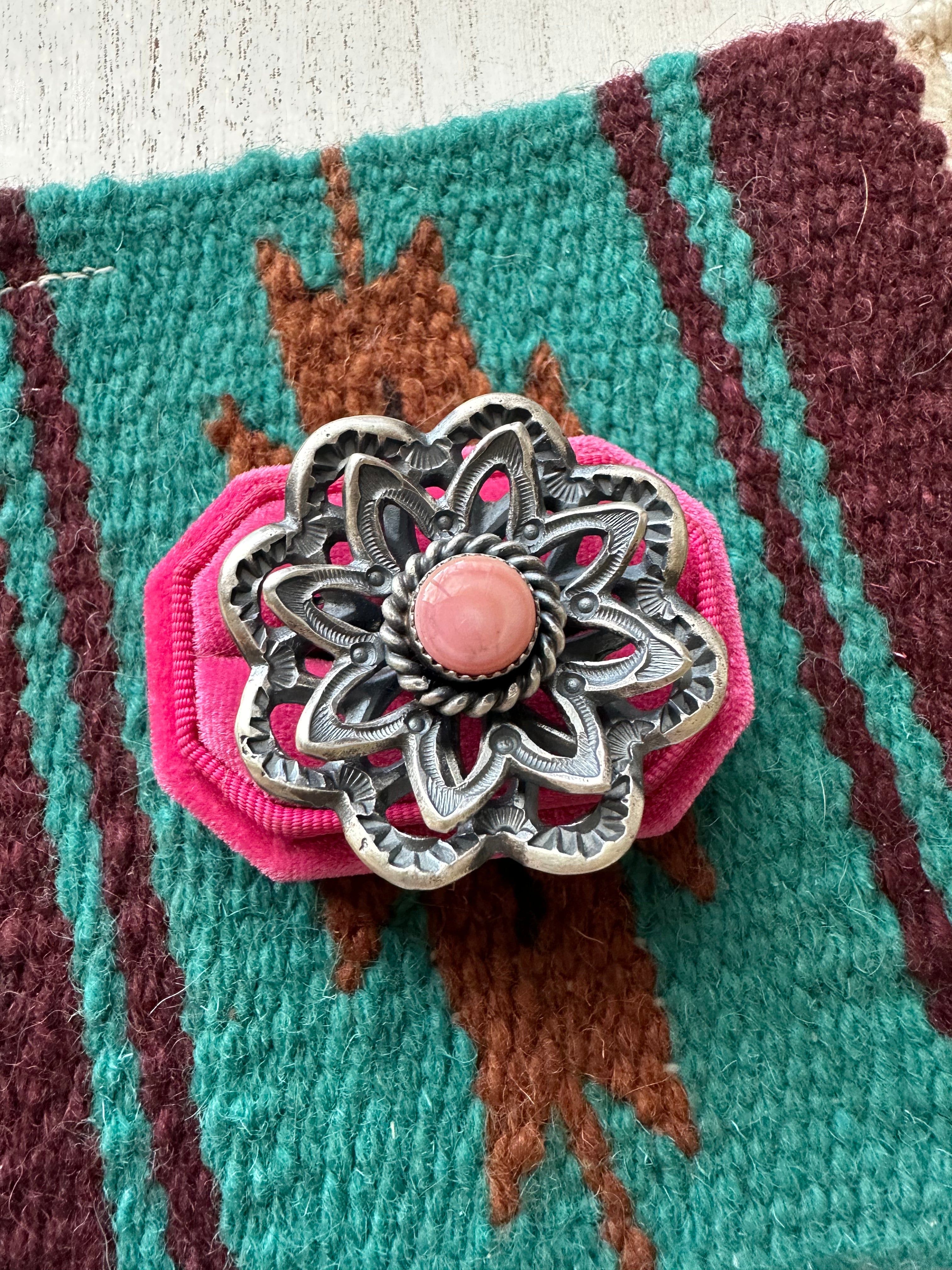 Navajo Pink Conch And Sterling Silver Adjustable Flower Ring Signed K Billah