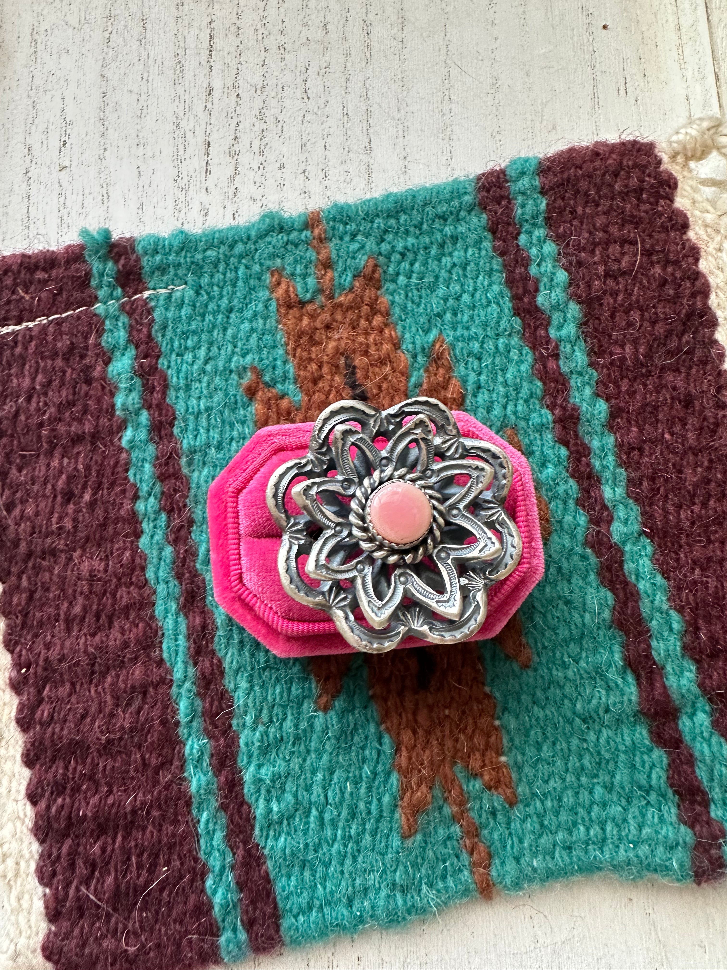 Navajo Pink Conch And Sterling Silver Adjustable Flower Ring Signed K Billah