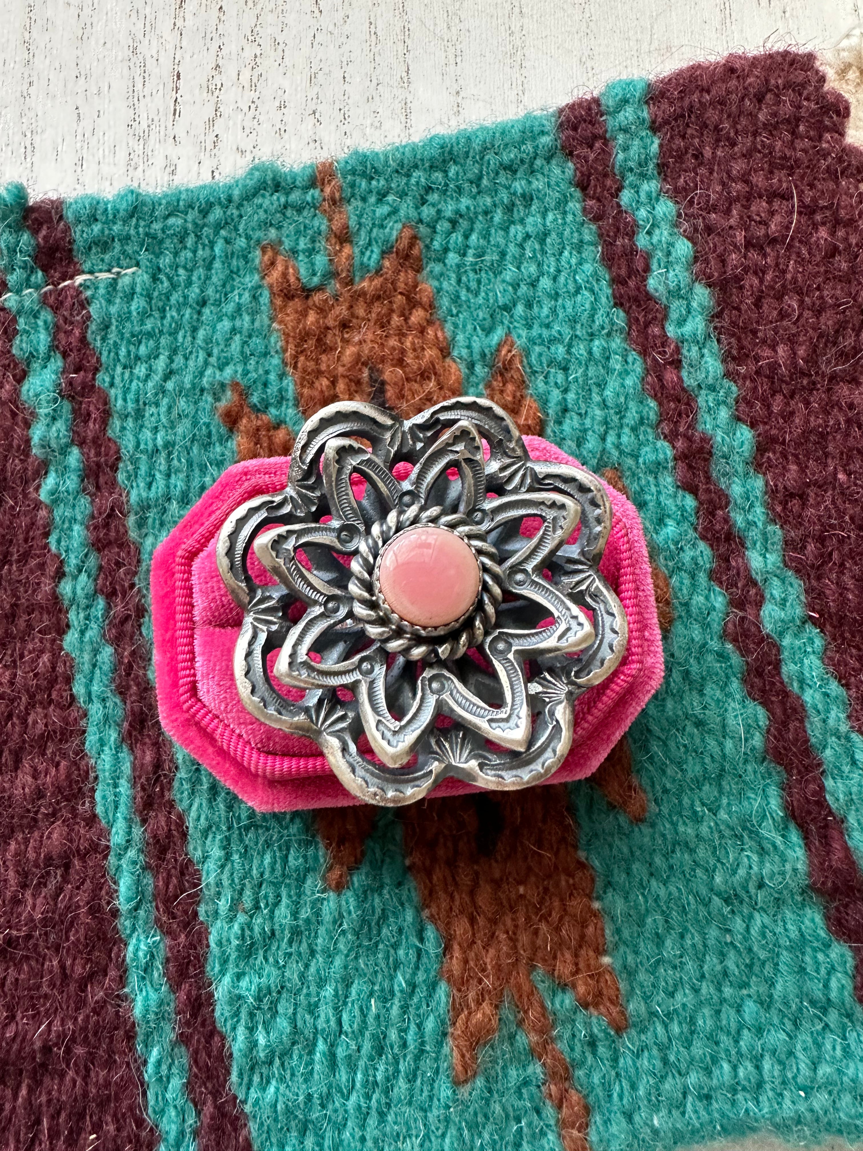 Navajo Pink Conch And Sterling Silver Adjustable Flower Ring Signed K Billah