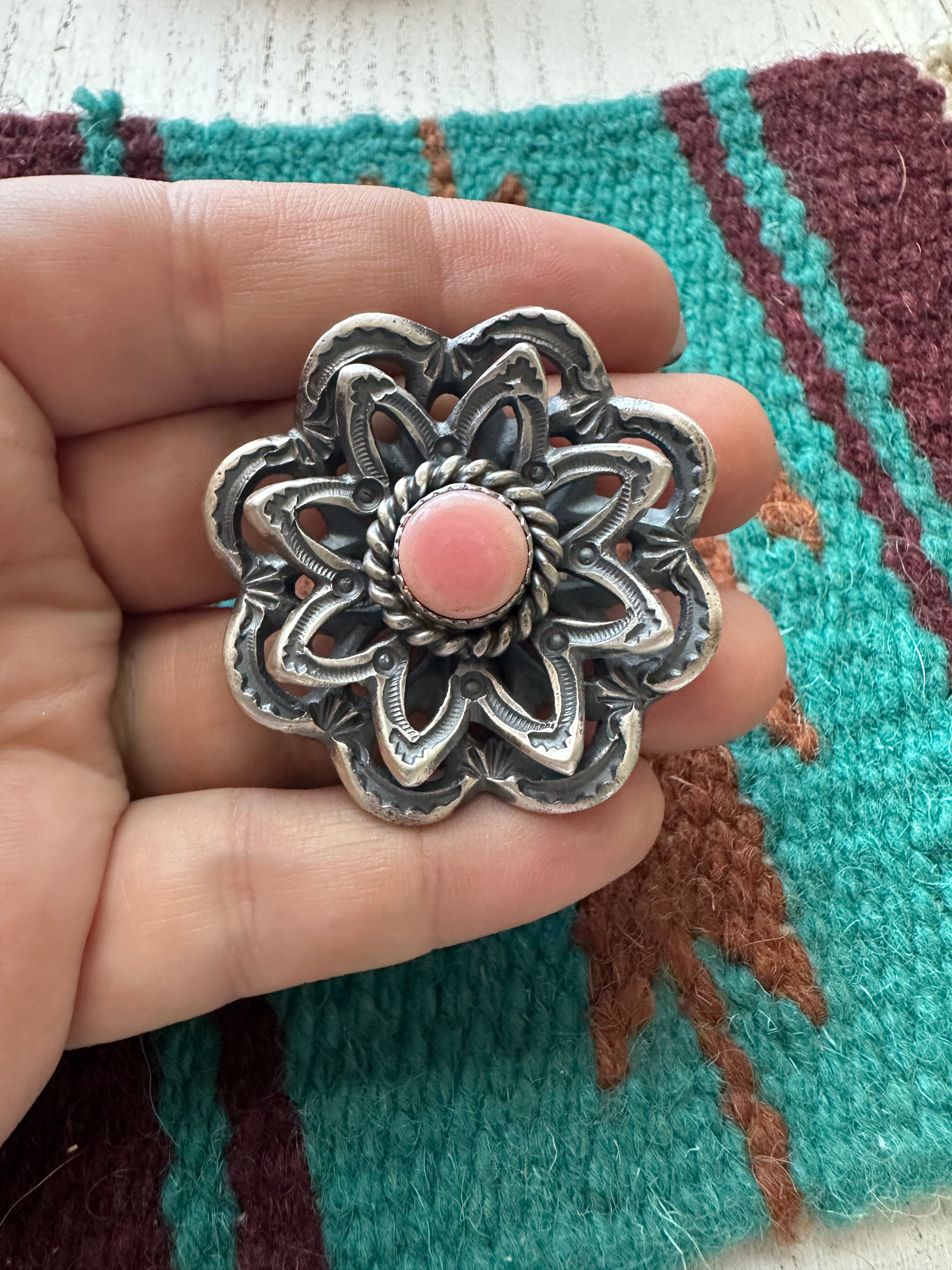 Navajo Pink Conch And Sterling Silver Adjustable Flower Ring Signed K Billah