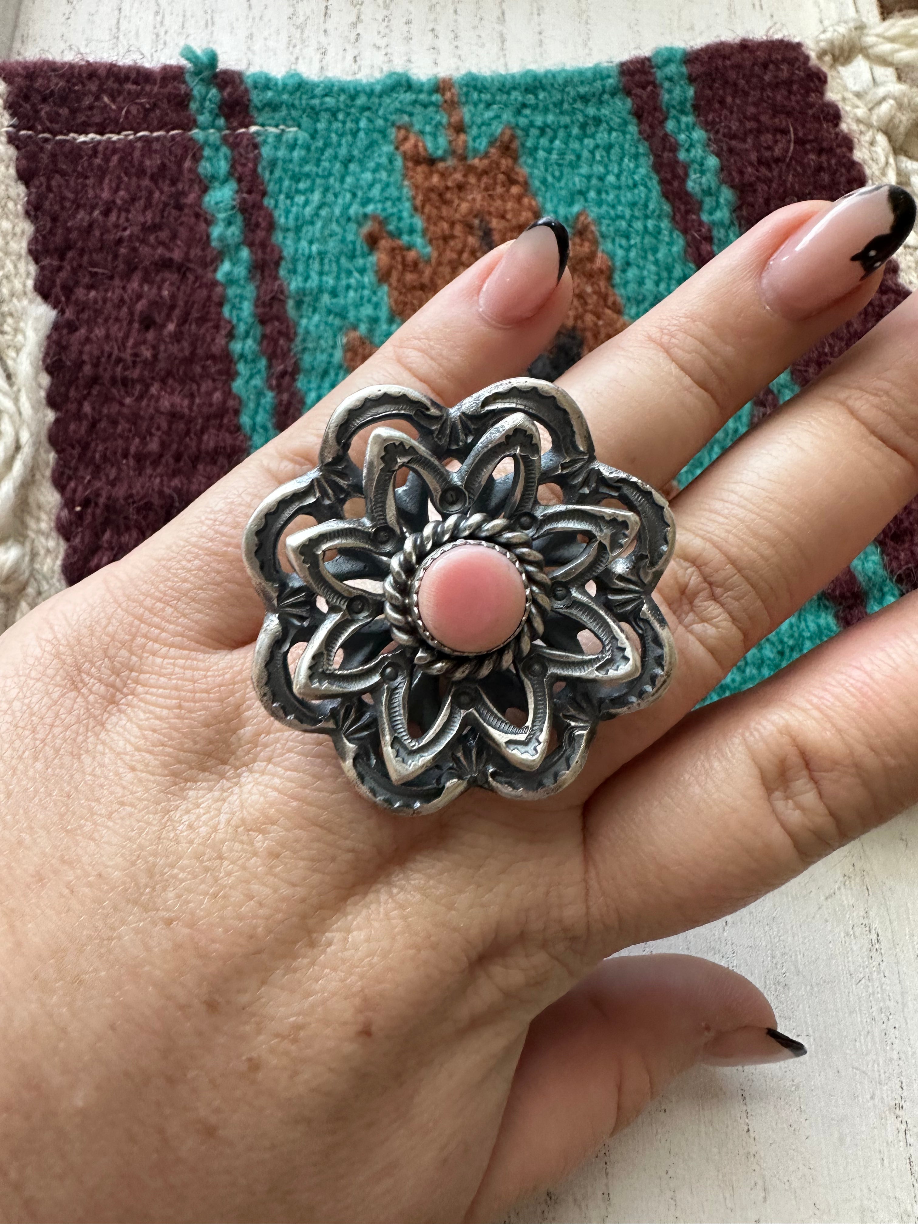 Navajo Pink Conch And Sterling Silver Adjustable Flower Ring Signed K Billah