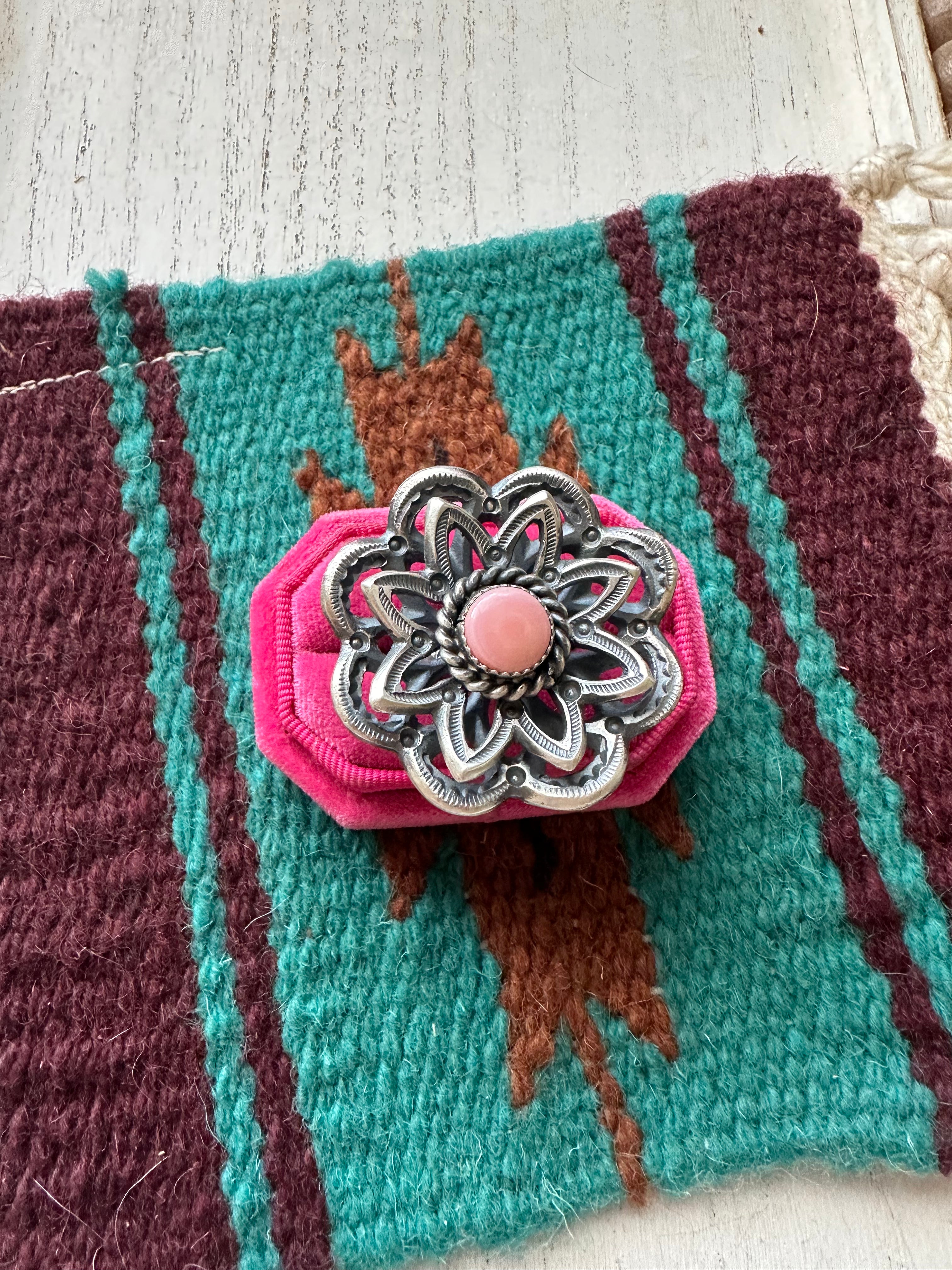 Navajo Pink Conch And Sterling Silver Adjustable Flower Ring Signed K Billah