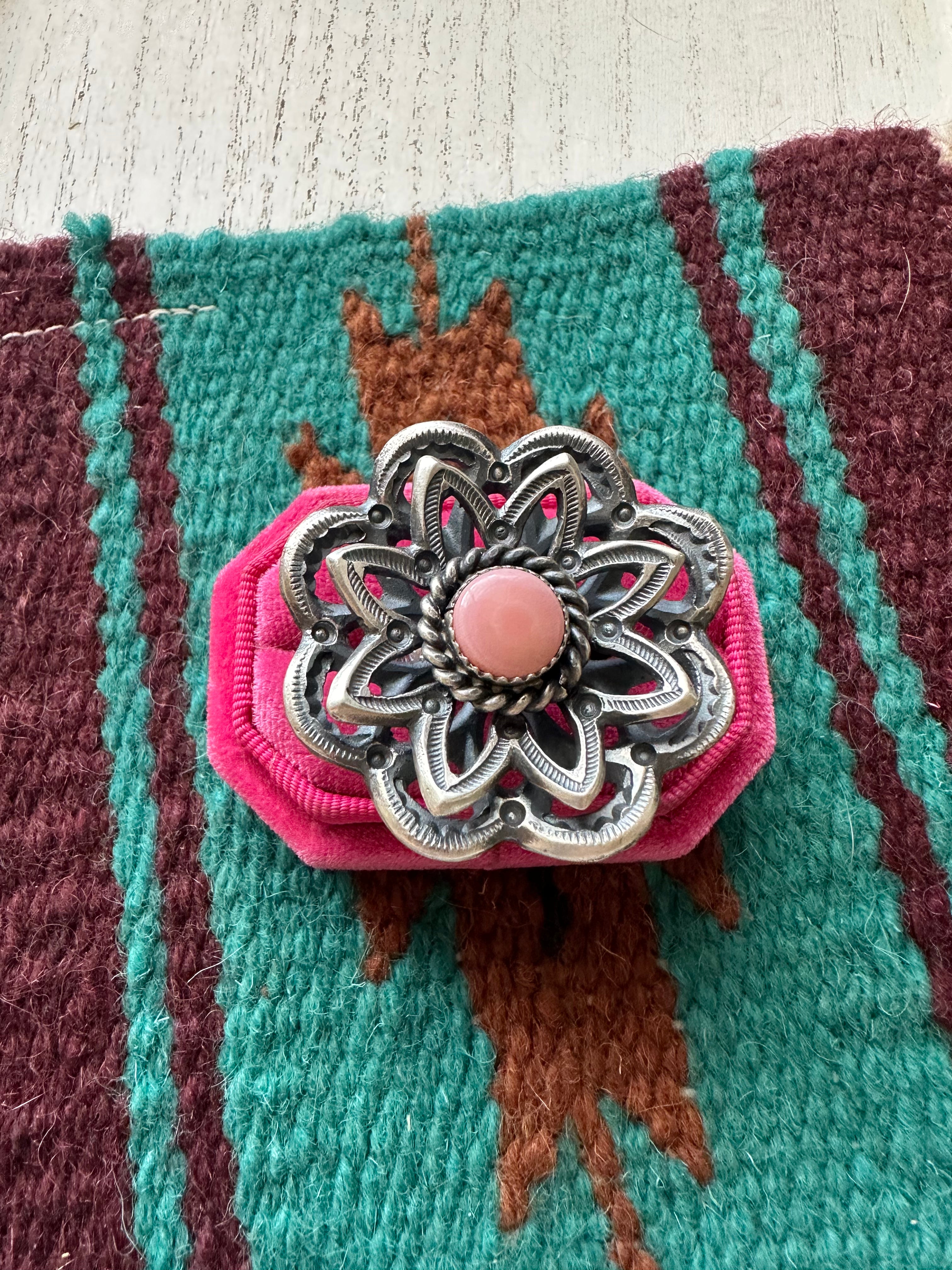 Navajo Pink Conch And Sterling Silver Adjustable Flower Ring Signed K Billah