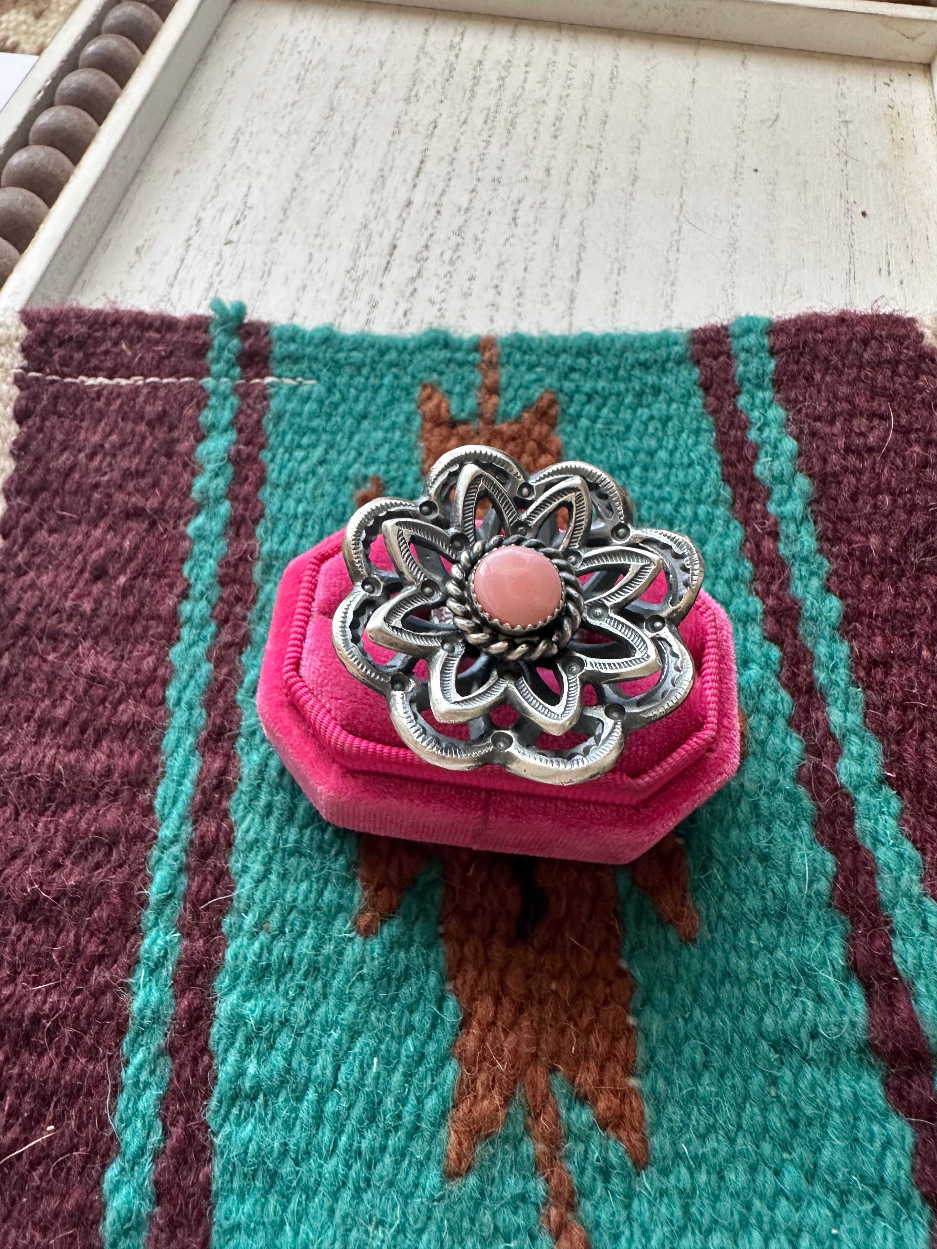 Navajo Pink Conch And Sterling Silver Adjustable Flower Ring Signed K Billah