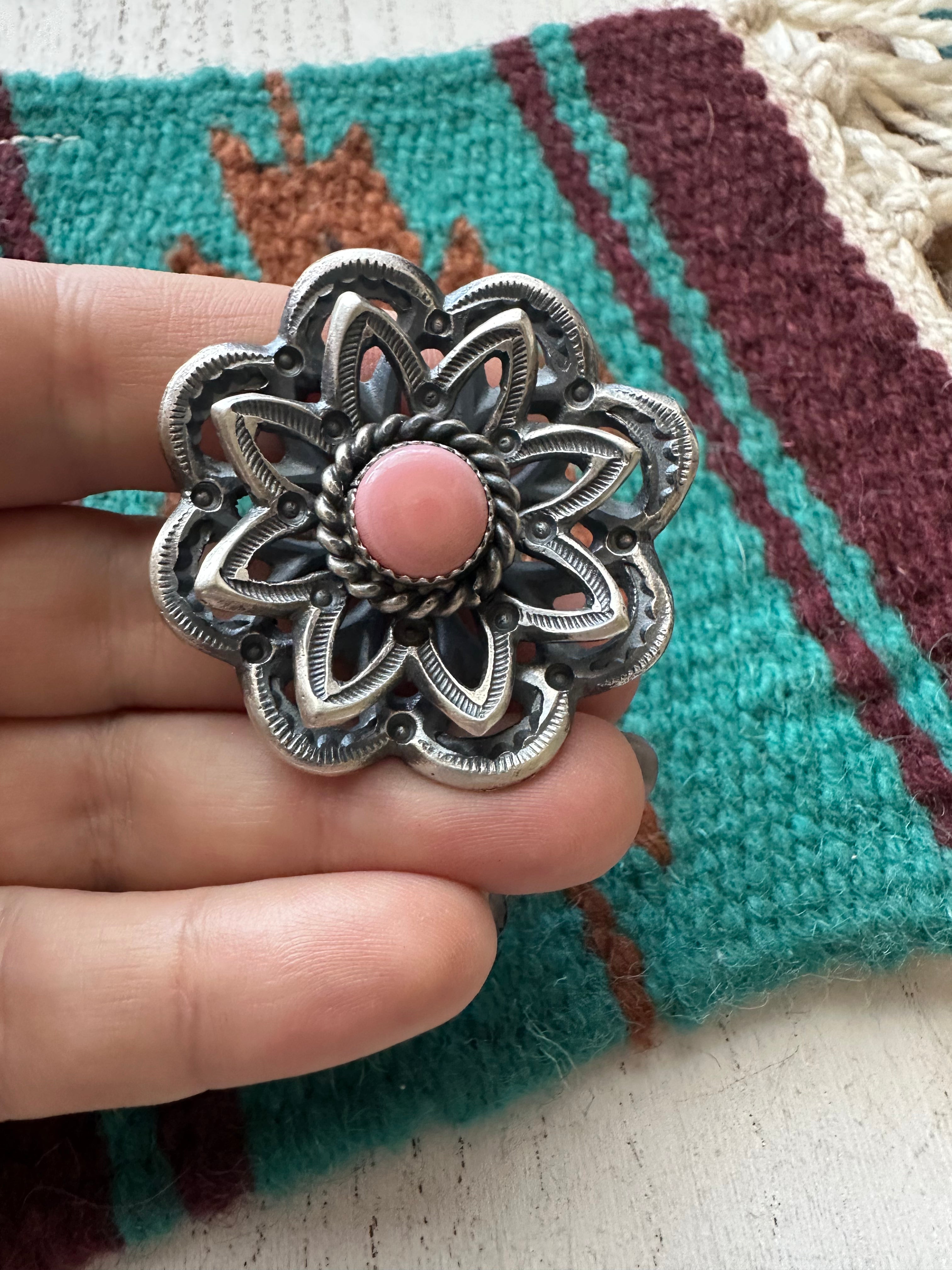 Navajo Pink Conch And Sterling Silver Adjustable Flower Ring Signed K Billah