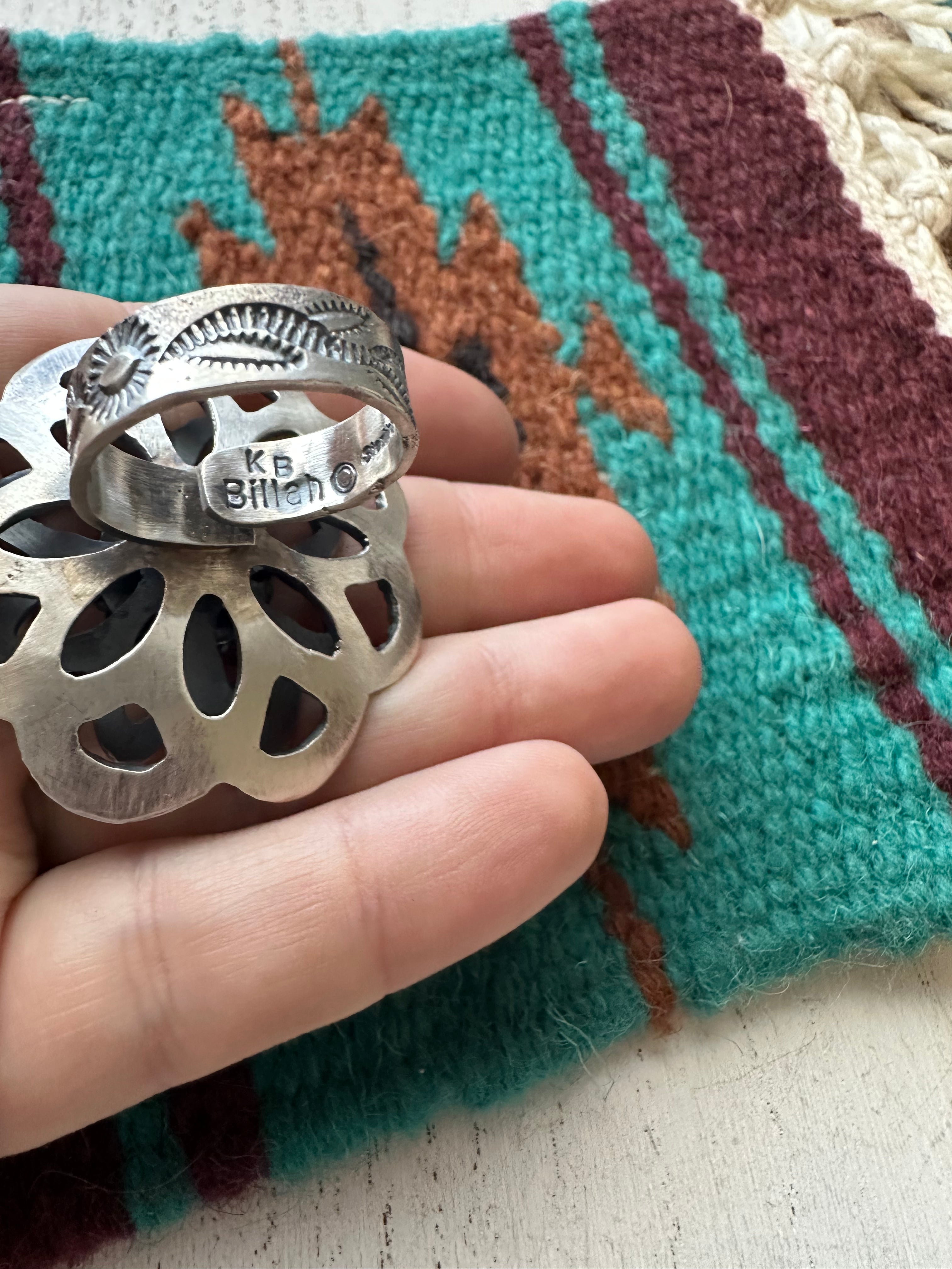 Navajo Pink Conch And Sterling Silver Adjustable Flower Ring Signed K Billah