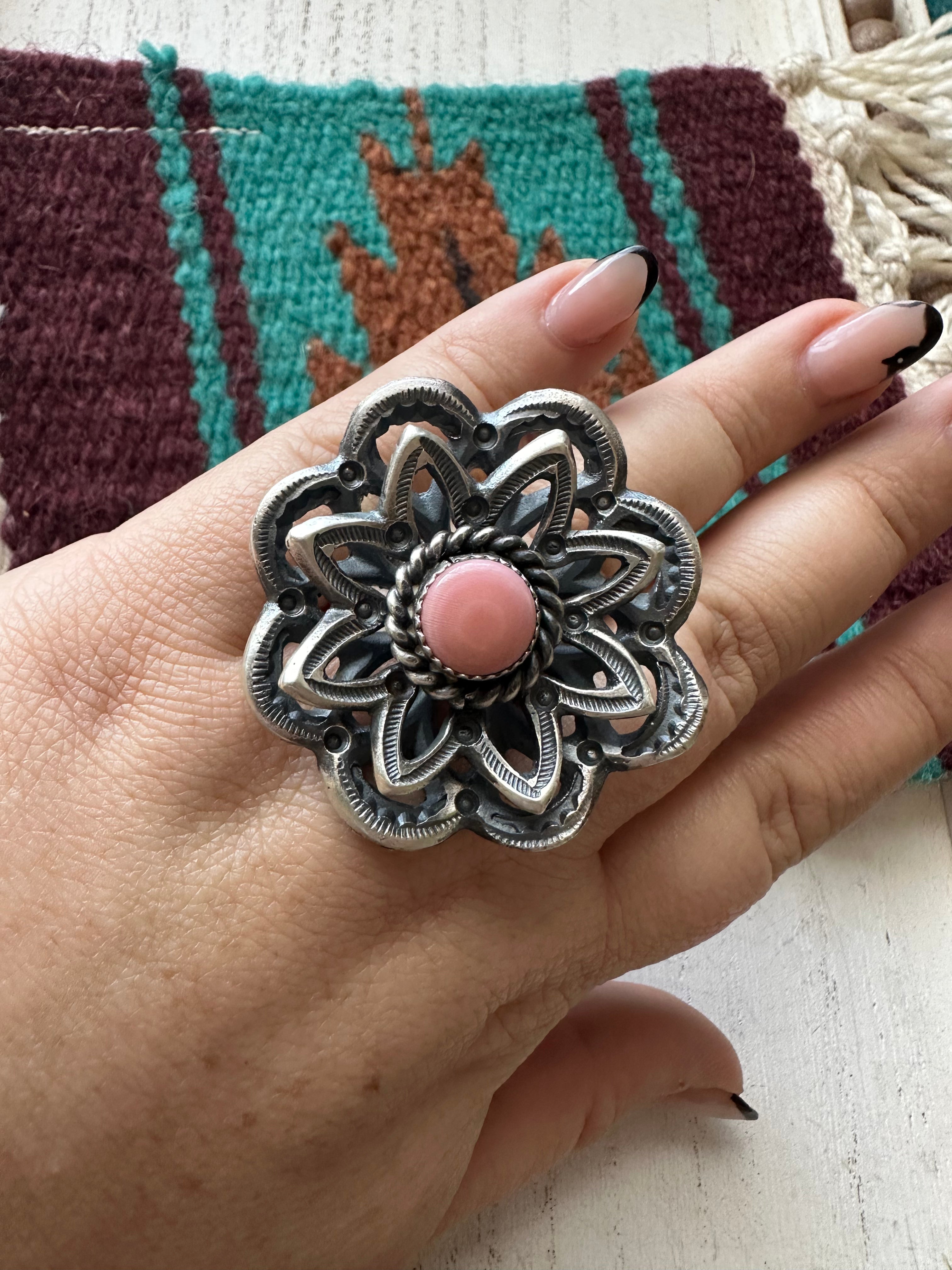 Navajo Pink Conch And Sterling Silver Adjustable Flower Ring Signed K Billah