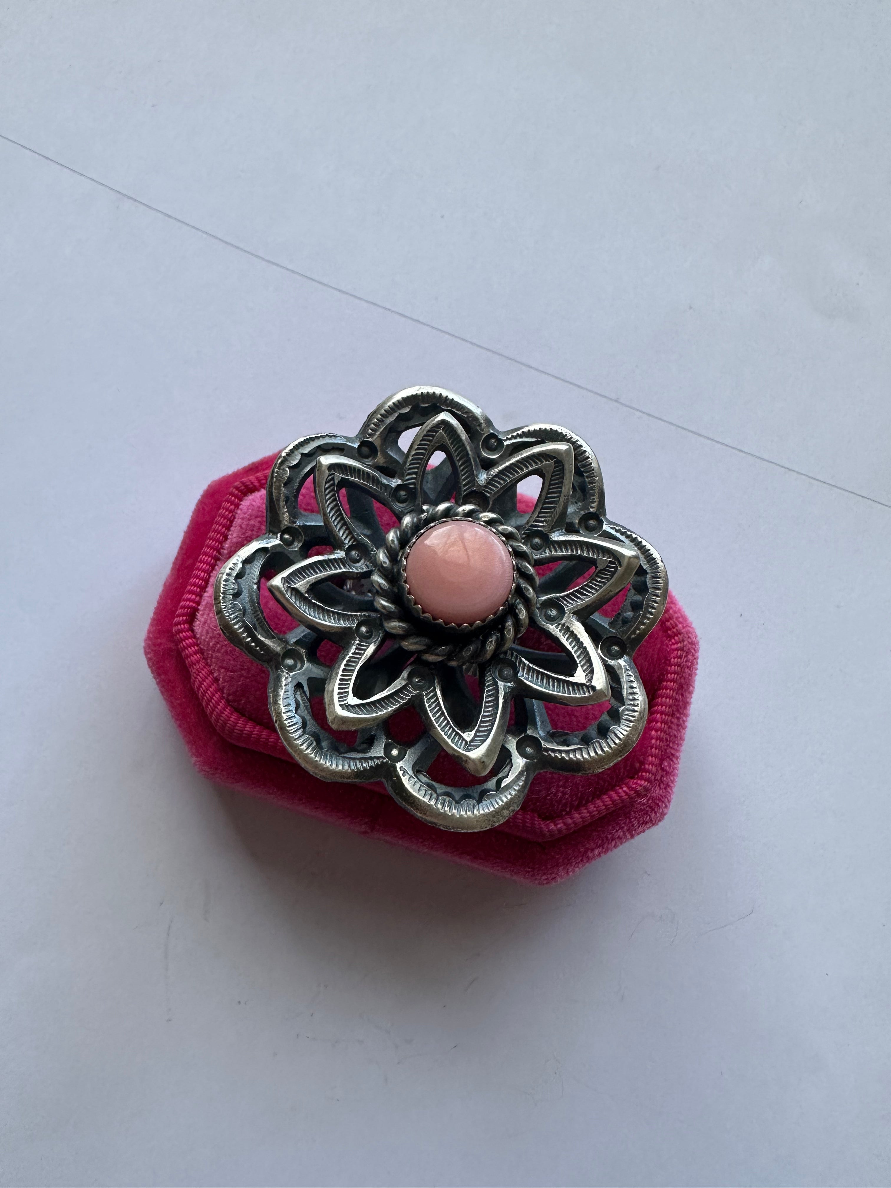 Navajo Pink Conch And Sterling Silver Adjustable Flower Ring Signed K Billah