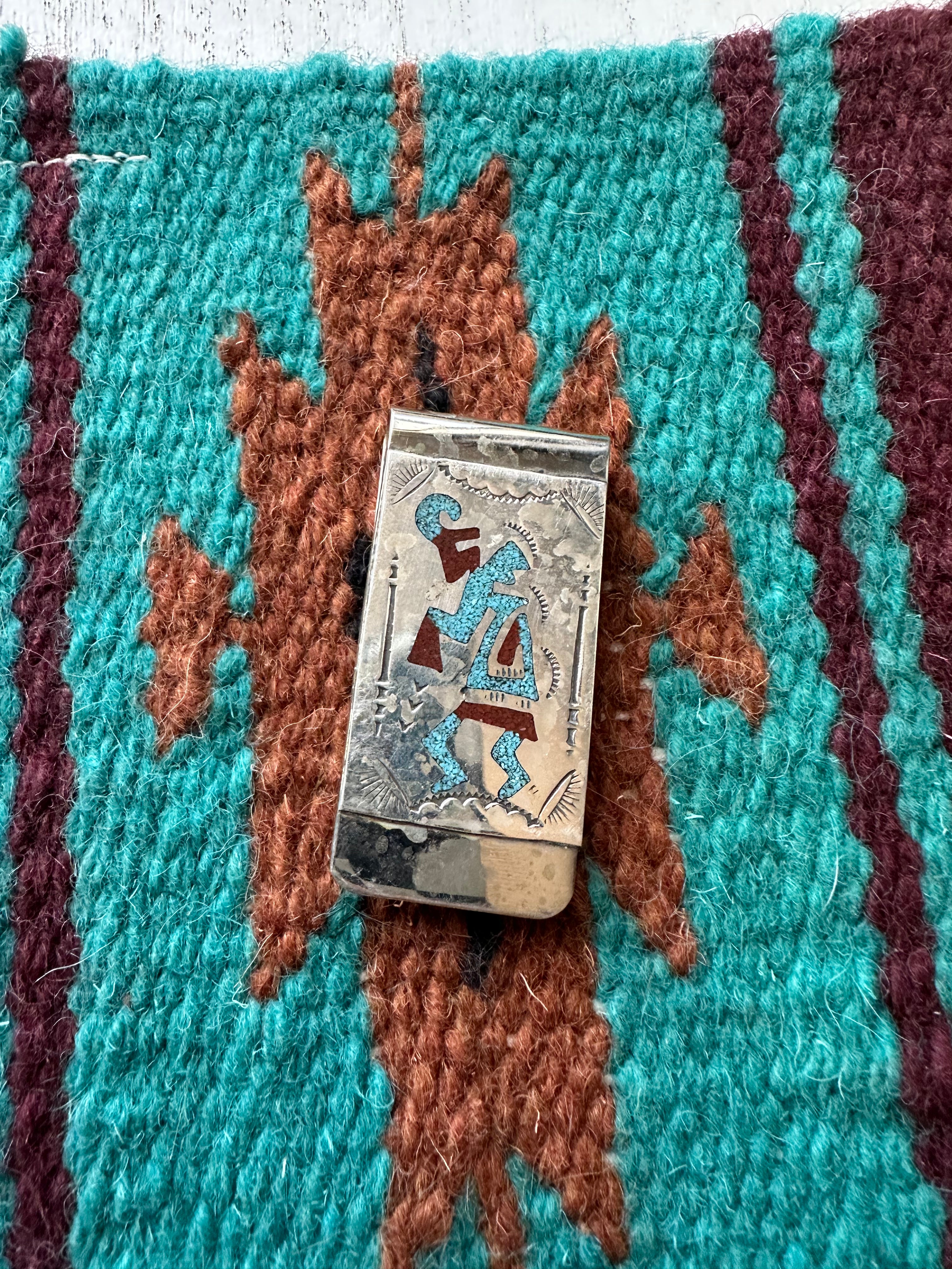 Navajo Multi Stone & Sterling Silver Inlay Money Clip Signed