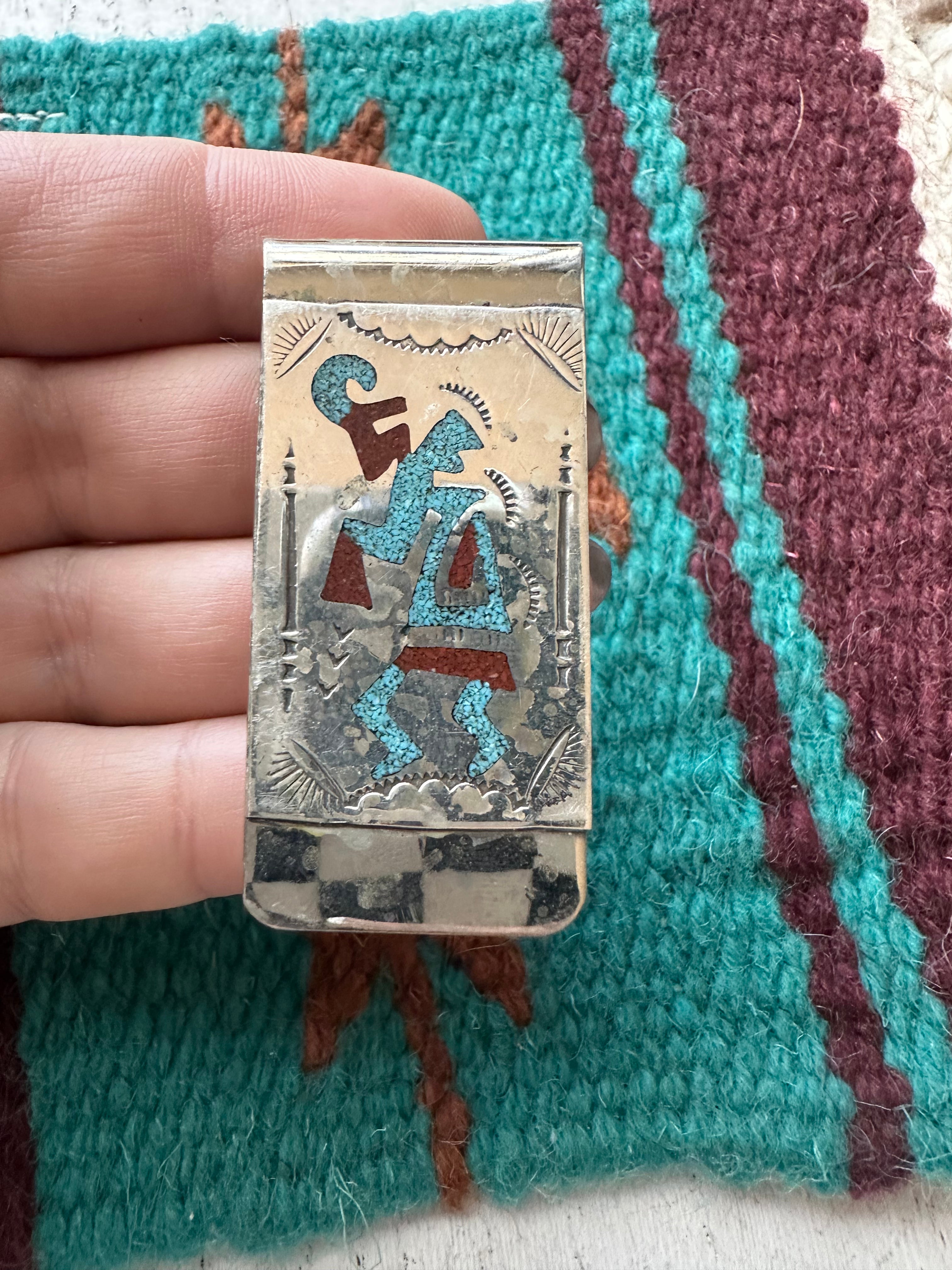 Navajo Multi Stone & Sterling Silver Inlay Money Clip Signed