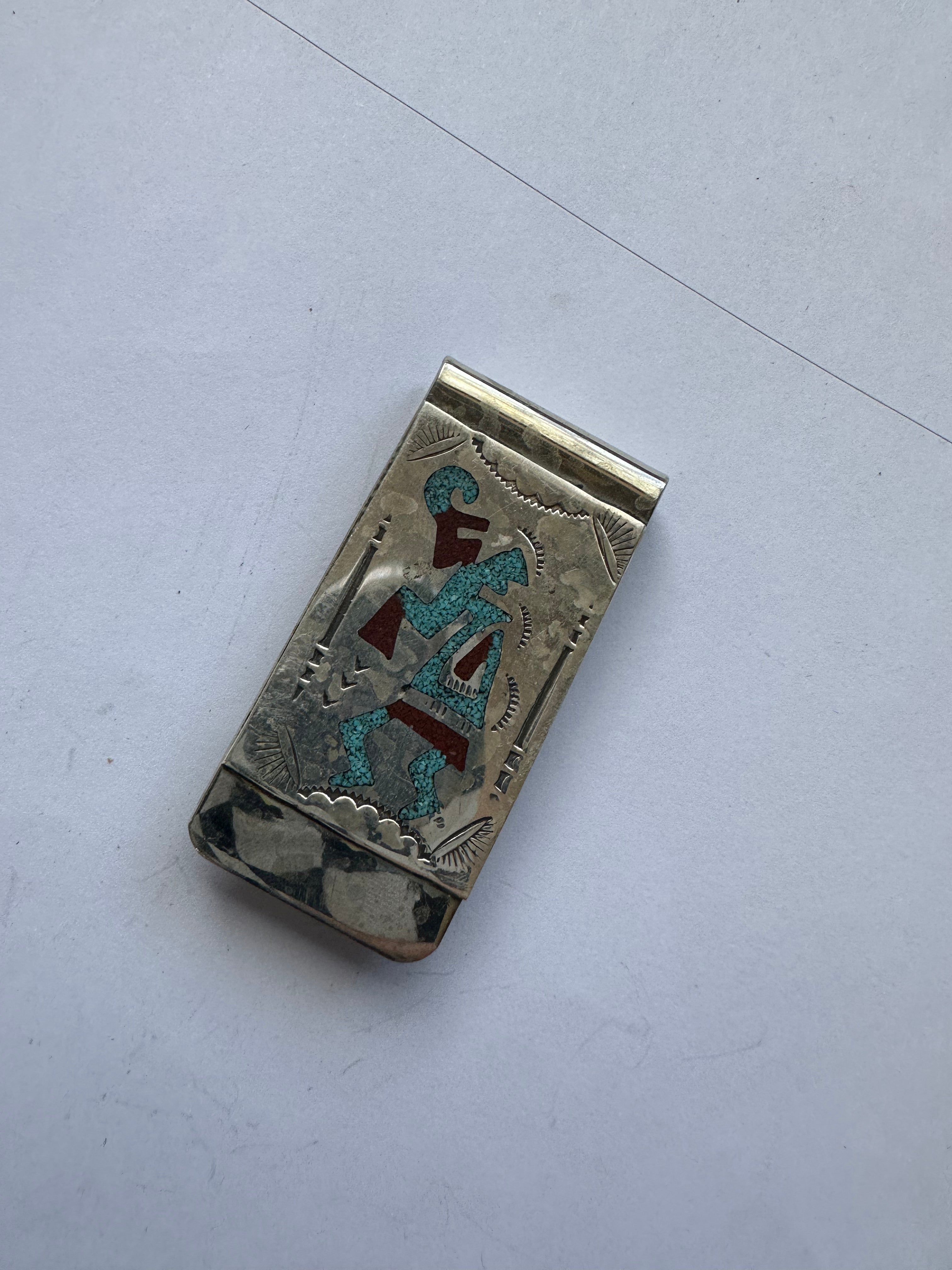 Navajo Multi Stone & Sterling Silver Inlay Money Clip Signed