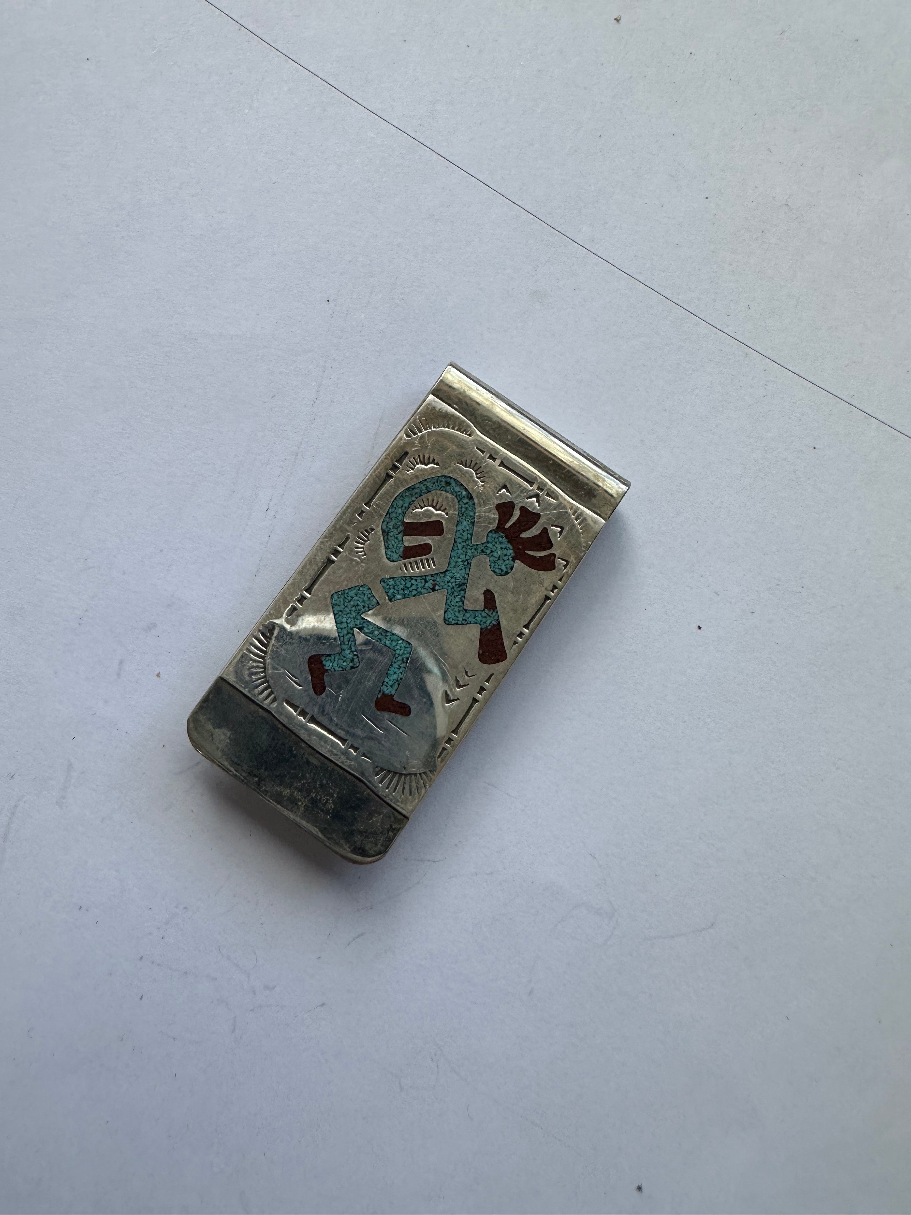 Navajo Multi Stone & Sterling Silver Inlay Money Clip Signed