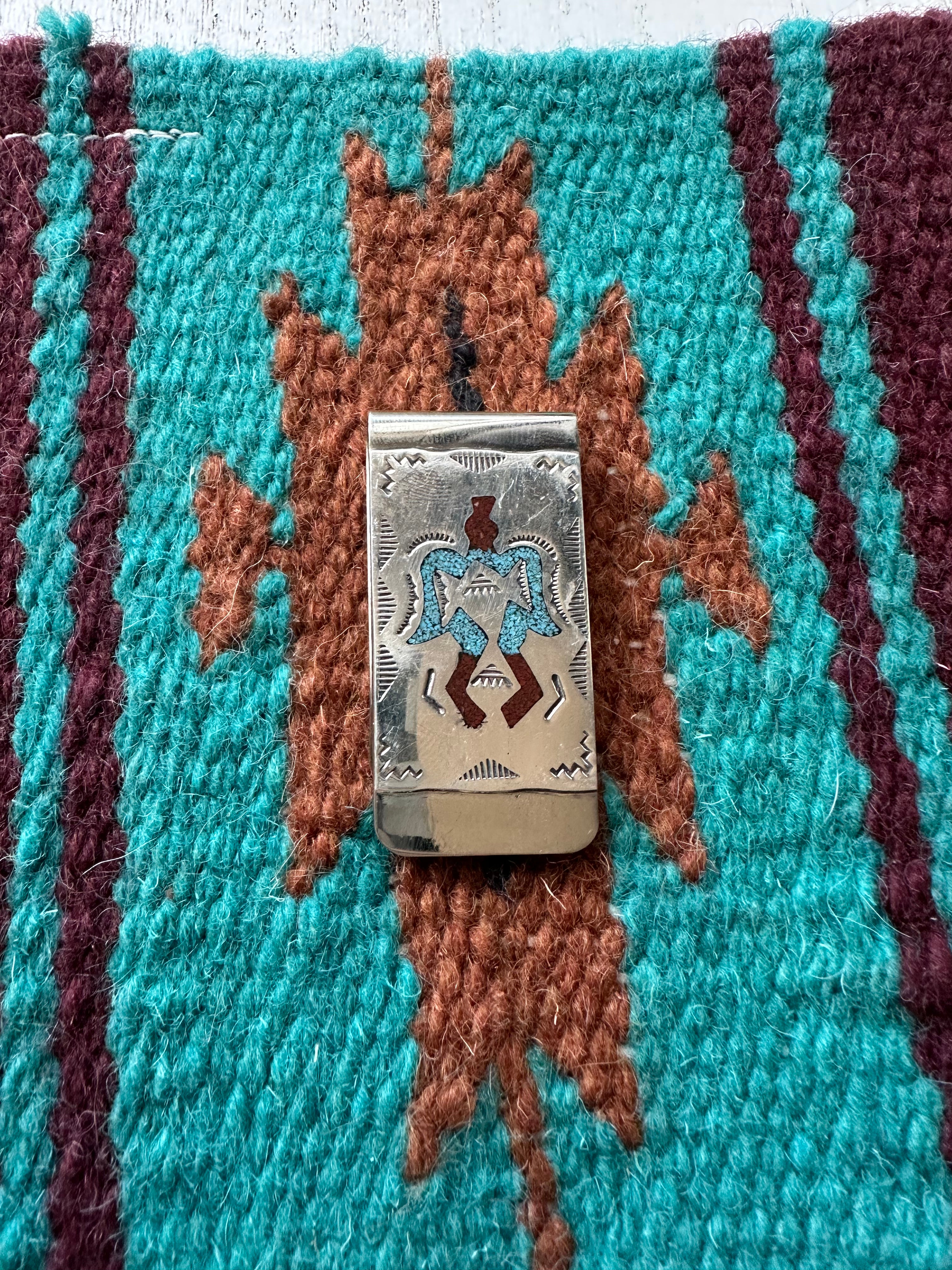 Navajo Multi Stone & Sterling Silver Inlay Money Clip Signed