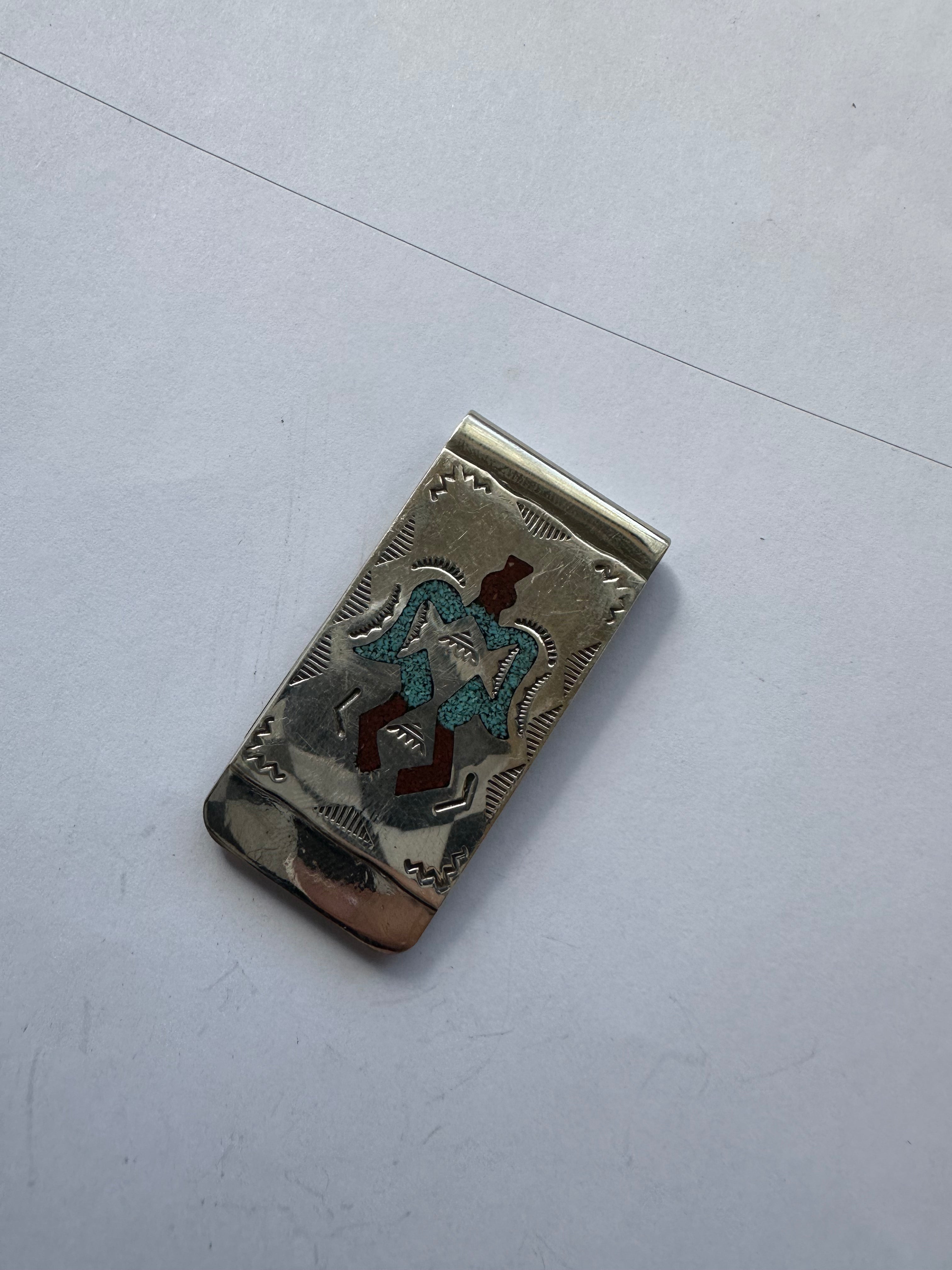 Navajo Multi Stone & Sterling Silver Inlay Money Clip Signed