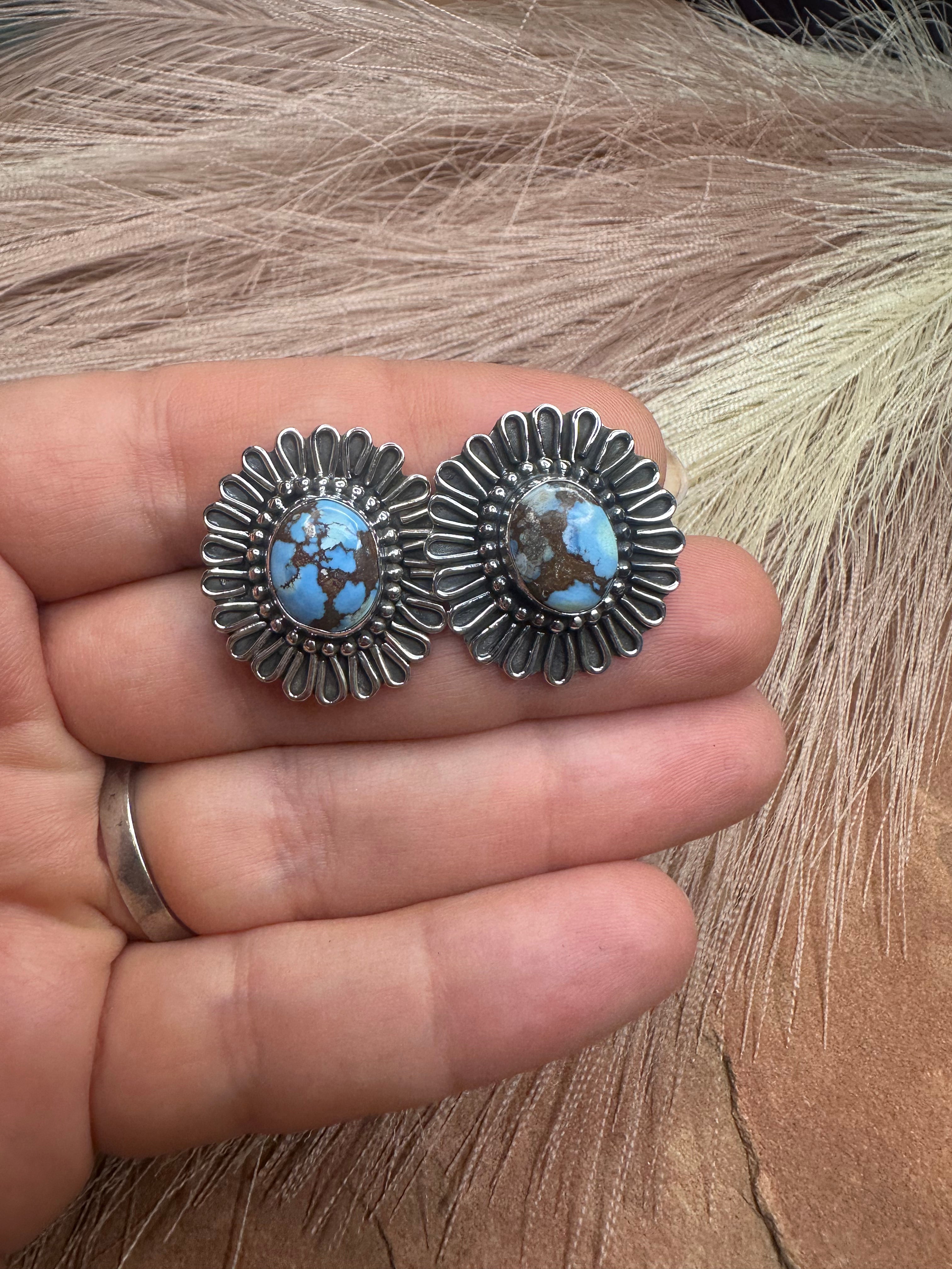 Handmade Sterling Silver Golden Hills Turquoise Post Earrings Signed Nizhoni with MATRIX