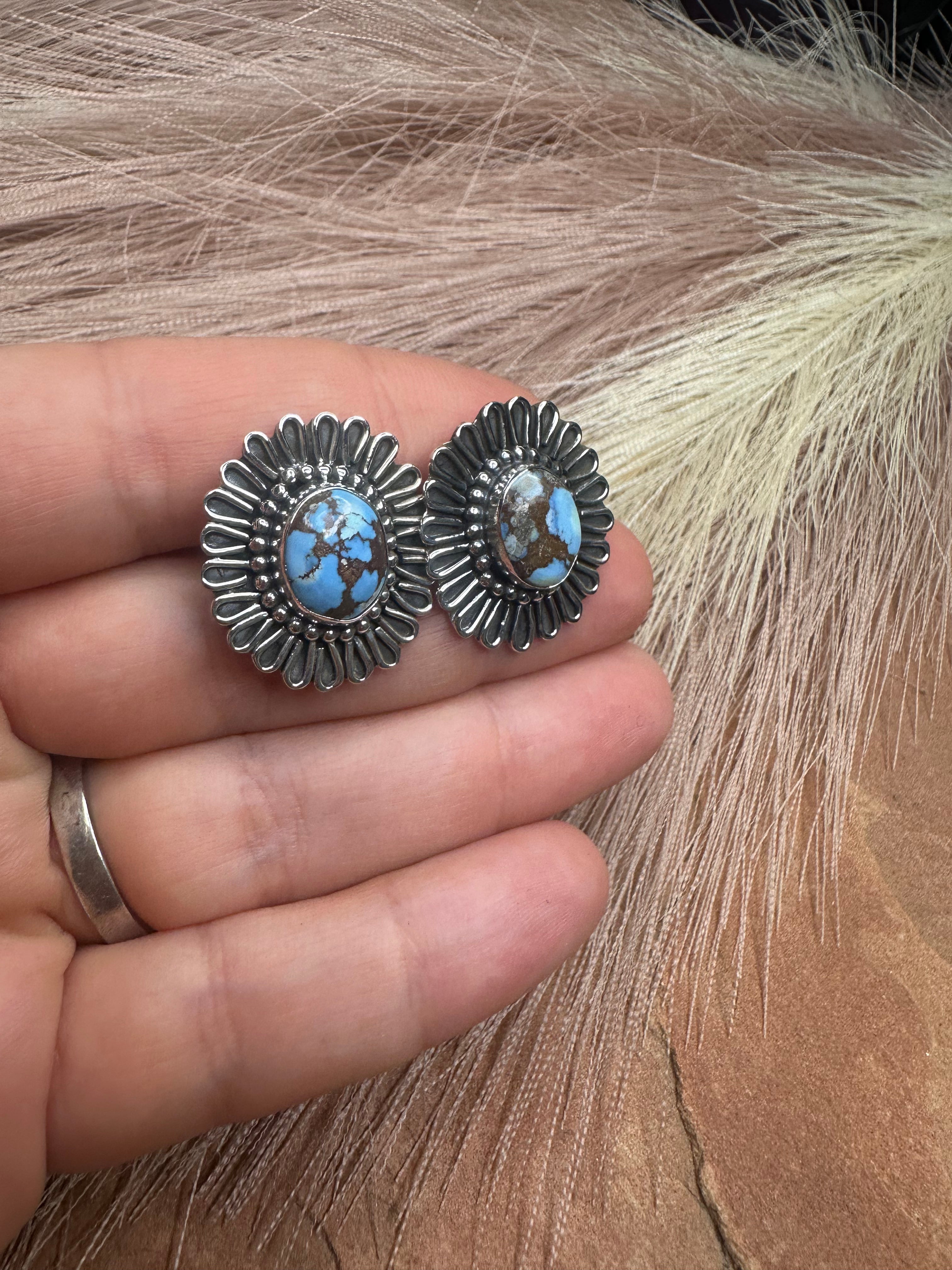 Handmade Sterling Silver Golden Hills Turquoise Post Earrings Signed Nizhoni with MATRIX