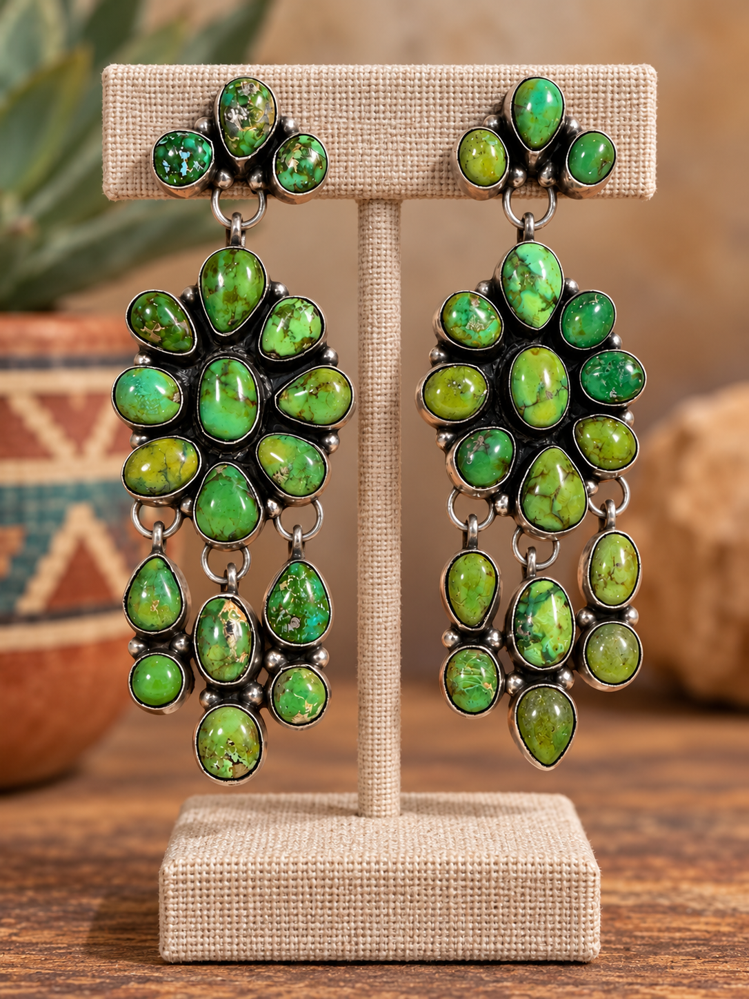 Handcrafted Sterling Silver & Sonoran Gold Turquoise Dangle Earrings Signed Ella Peter