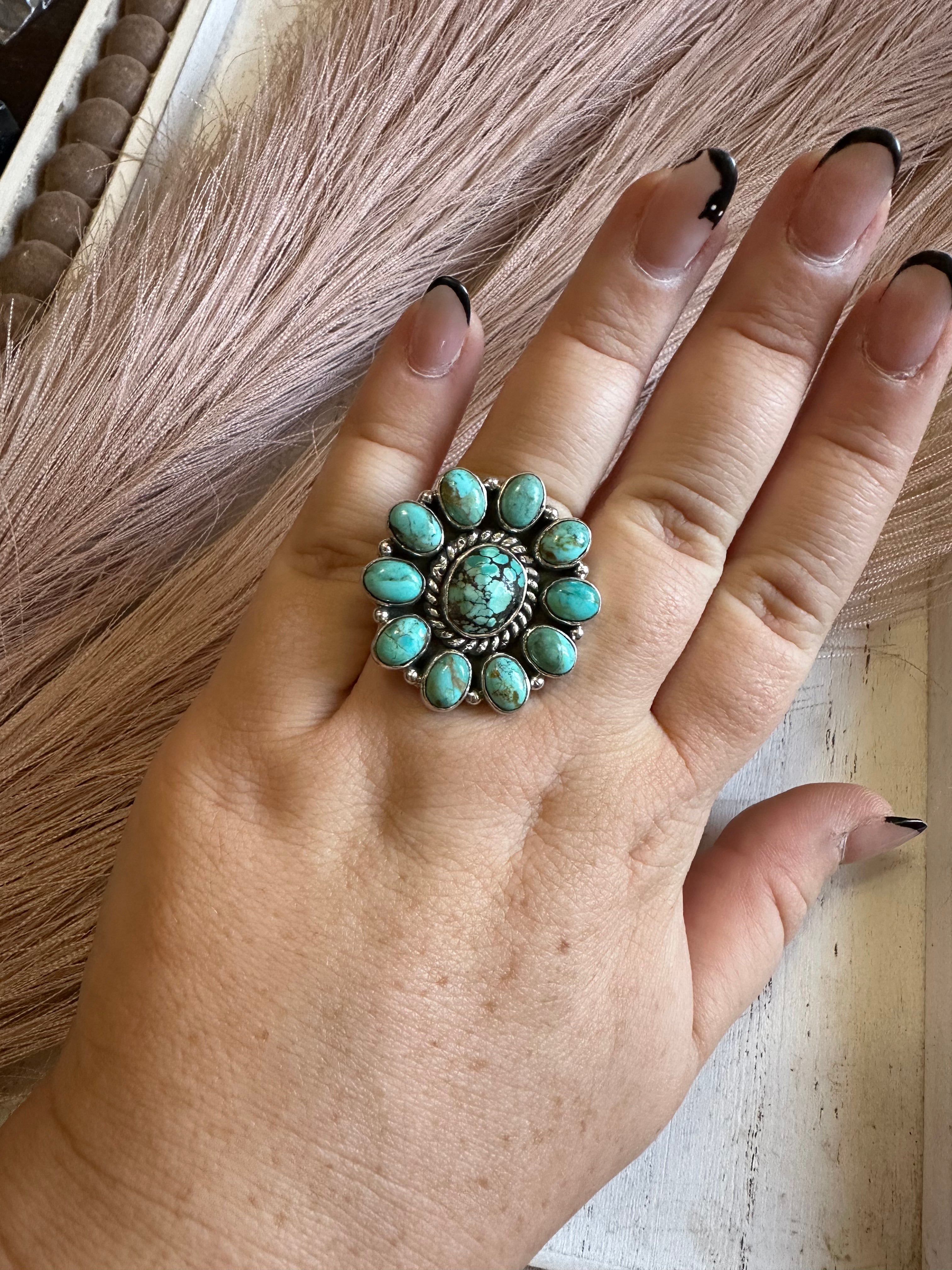 Handmade Turquoise & Sterling Silver Adjustable Ring Signed Nizhoni