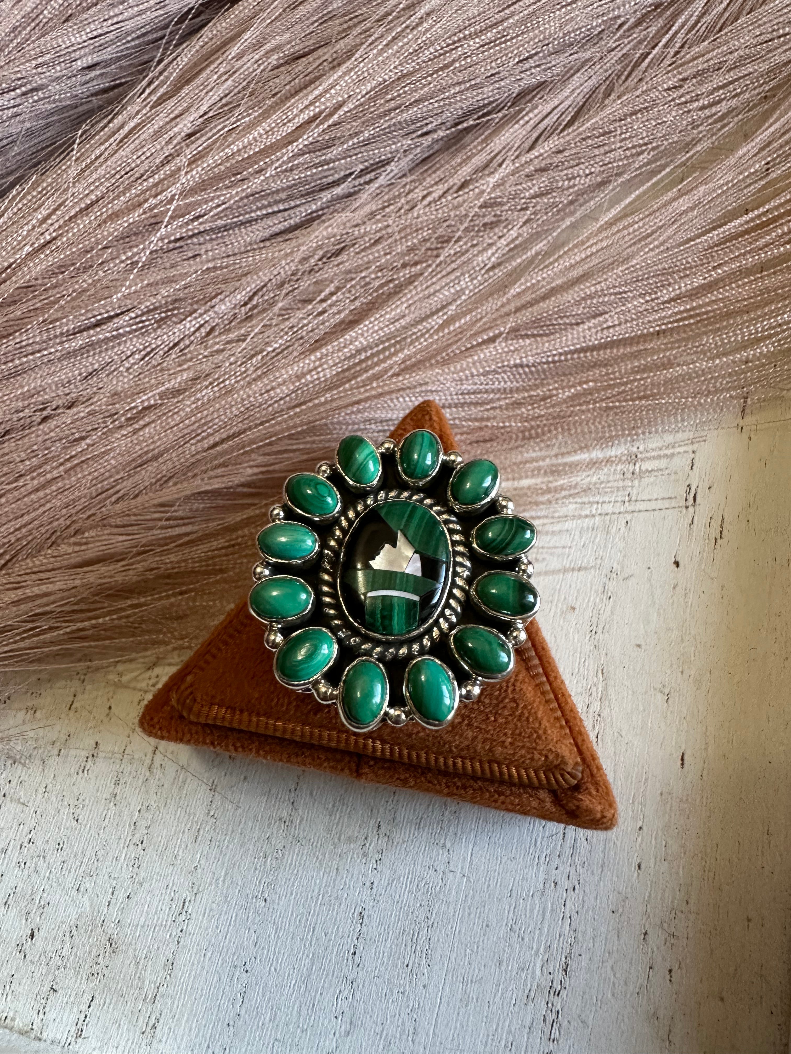 Handmade Malachite & Sterling Silver Adjustable Ring Signed Nizhoni