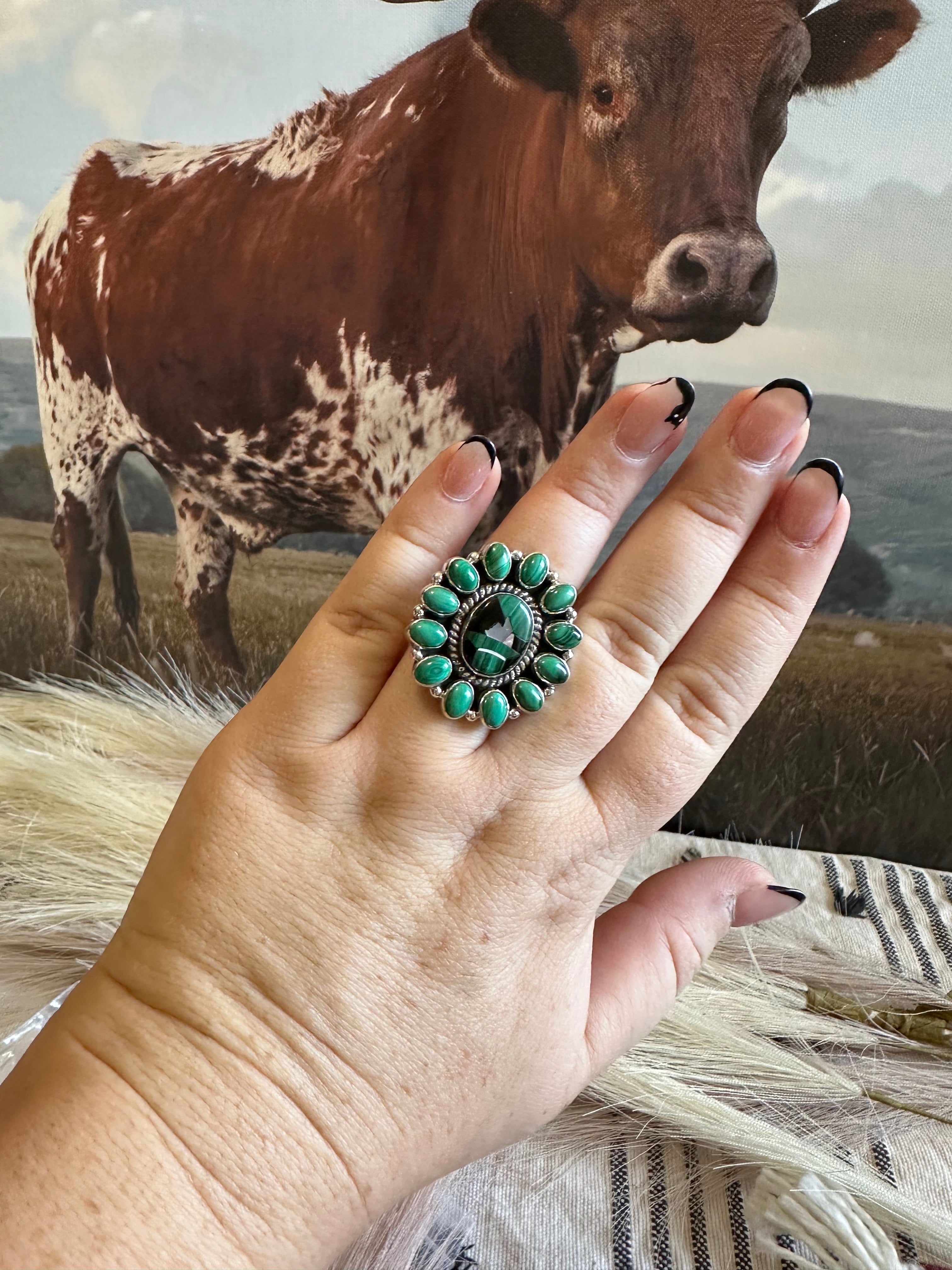 Handmade Malachite & Sterling Silver Adjustable Ring Signed Nizhoni