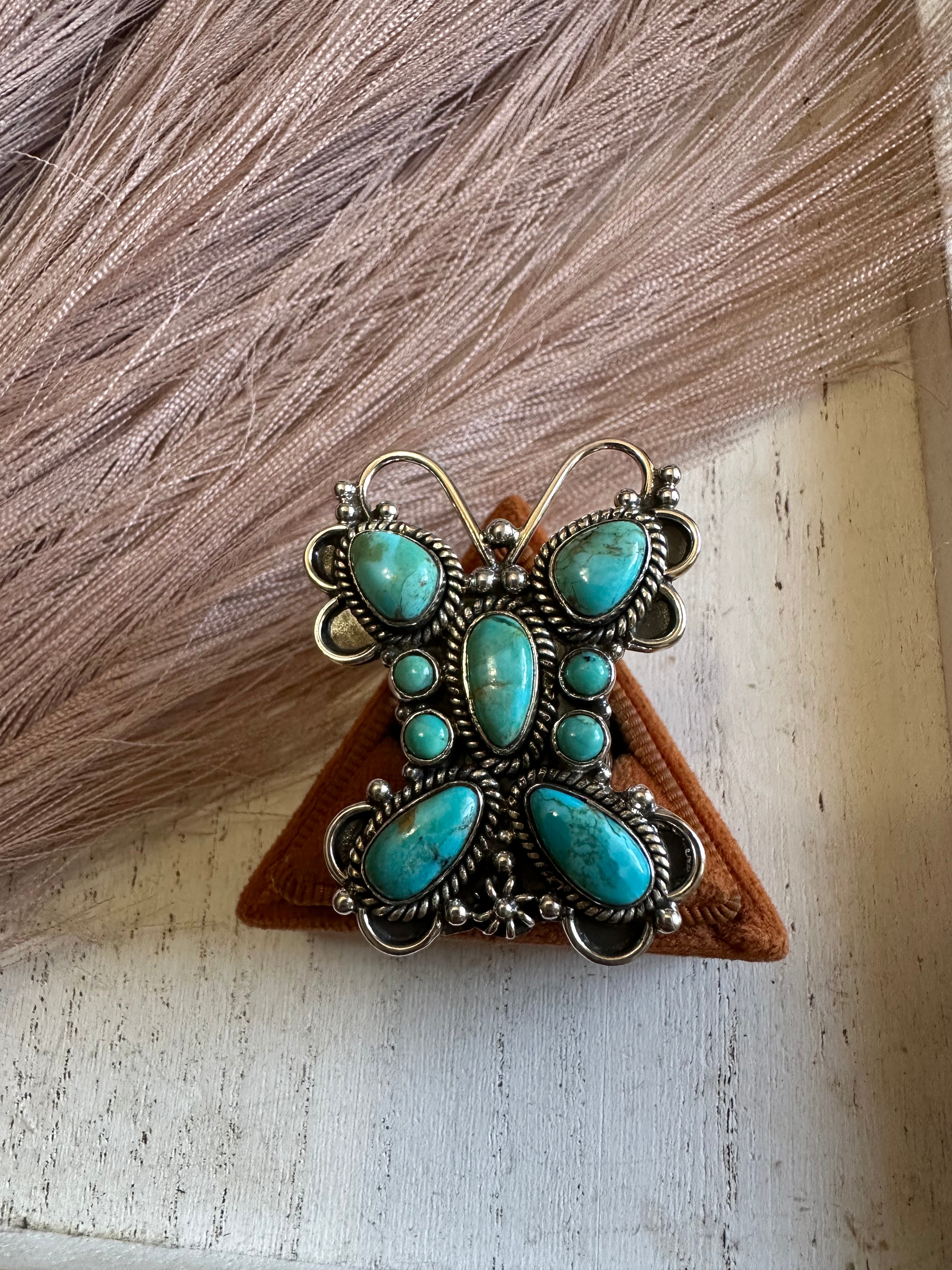 Handmade Turquoise & Sterling Silver Adjustable Butterfly Ring Signed Nizhoni